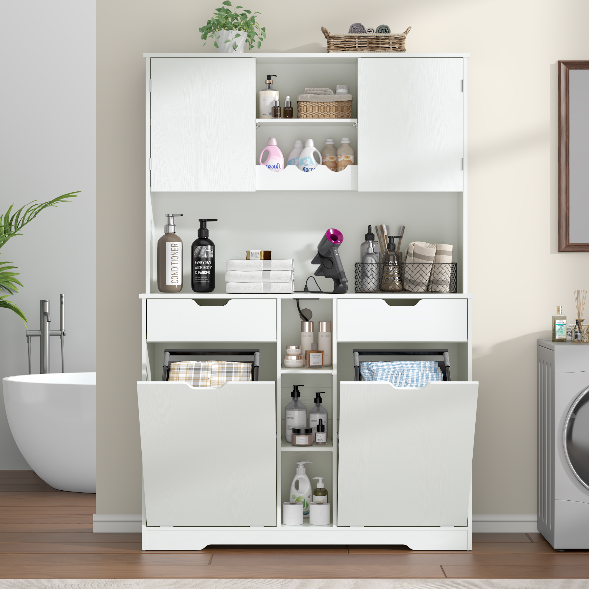 Blotout 71" Tall 46"Wide Kitchen Pantry Cabinet with Charging Station & Microwave Shelf, Farmhouse Kitchen Double Tilt Out Trash Cabinet 10X2 Gallon Garbage Holder with 2 Drawers Storage