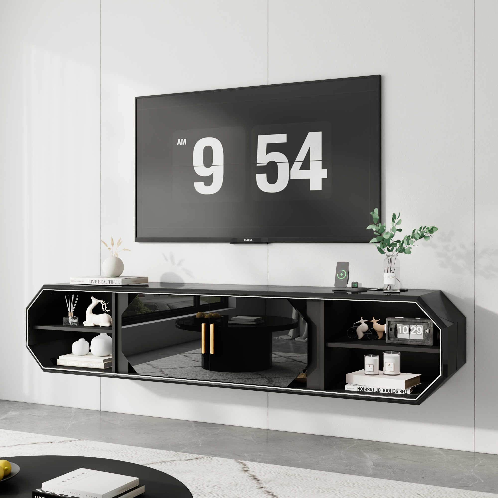 Blotout 70.9''Floating TV Stand with Power Outlet, High Gloss Paint Wall-Mounted Media Console with Gold Handle & Sliding Door Cabinets, Modern Entertainment Center for Wall-mounted TV Up to 80''