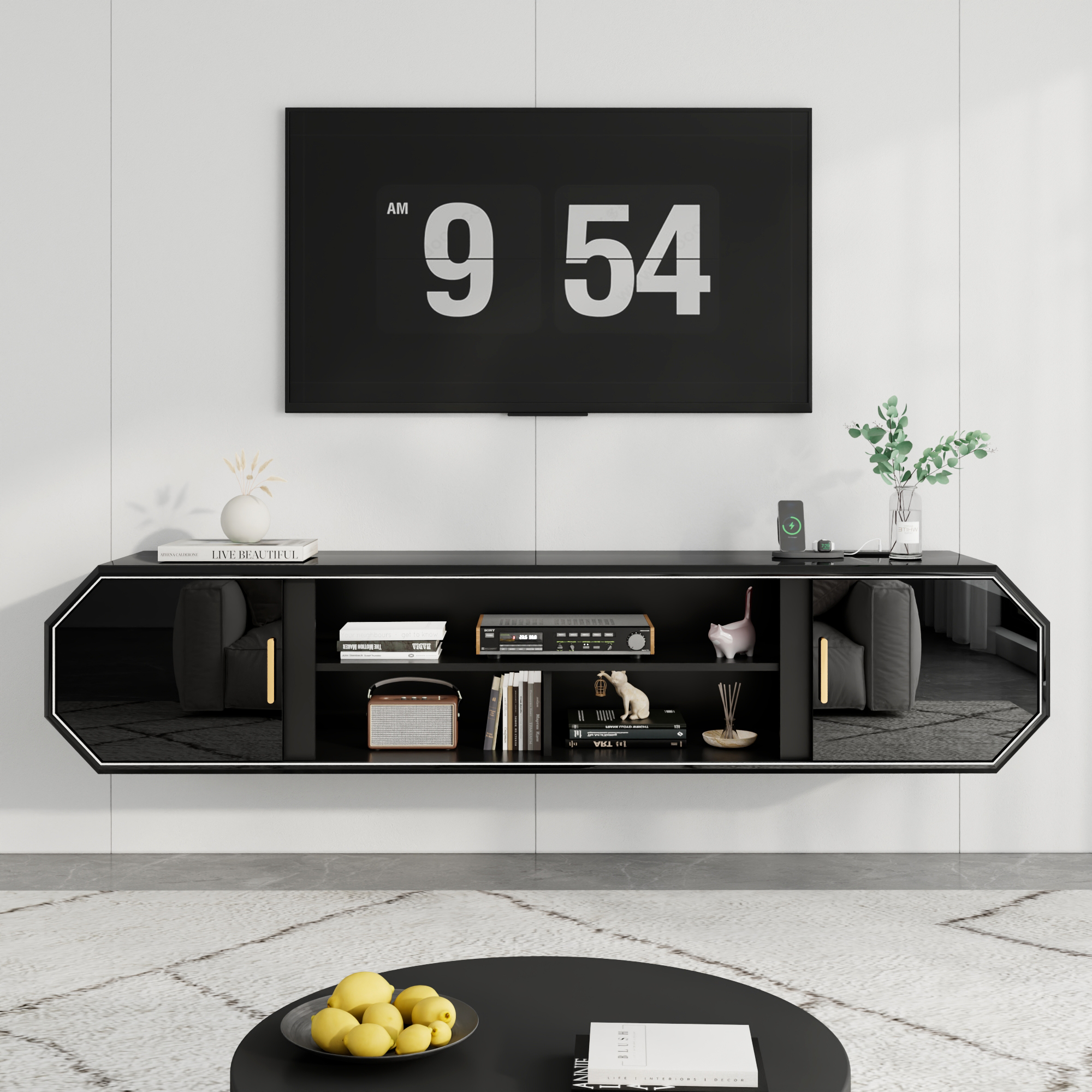 Blotout 70.9''Floating TV Stand with Power Outlet, High Gloss Paint Wall-Mounted Media Console with Gold Handle & Sliding Door Cabinets, Modern Entertainment Center for Wall-mounted TV Up to 80''