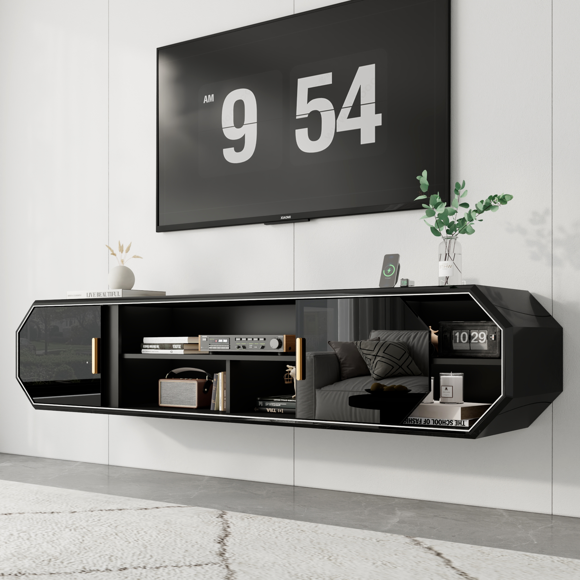 Blotout 70.9''Floating TV Stand with Power Outlet, High Gloss Paint Wall-Mounted Media Console with Gold Handle & Sliding Door Cabinets, Modern Entertainment Center for Wall-mounted TV Up to 80''