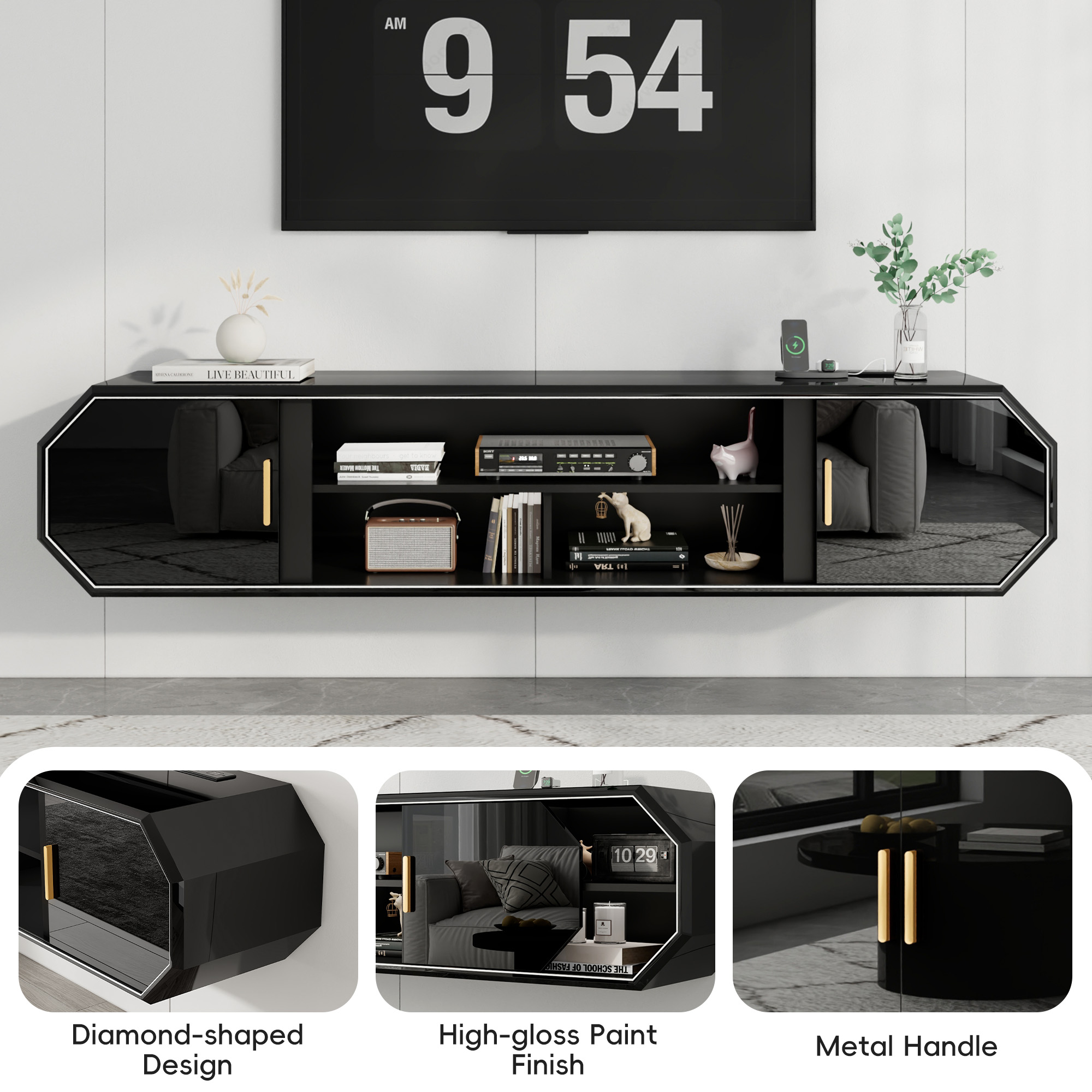 Blotout 70.9''Floating TV Stand with Power Outlet, High Gloss Paint Wall-Mounted Media Console with Gold Handle & Sliding Door Cabinets, Modern Entertainment Center for Wall-mounted TV Up to 80''