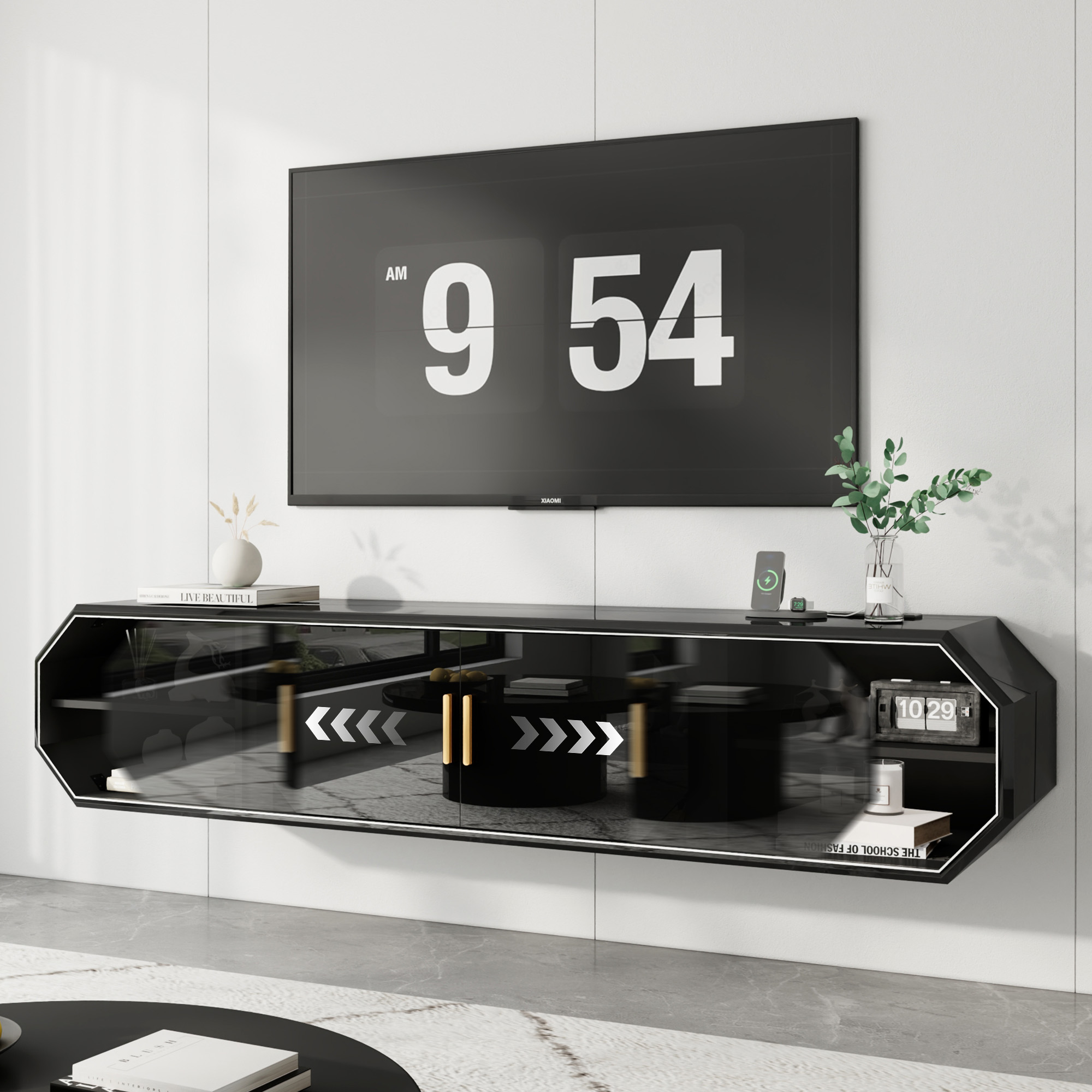 Blotout 70.9'' Floating Fireplace TV Stand with 36" Fireplace, High Gloss Paint Wall-Mounted TV Console with Power Outlet&Diamond Edging&Sliding Door Cabinets, Modern Media Cabinet for TVs up to 80''
