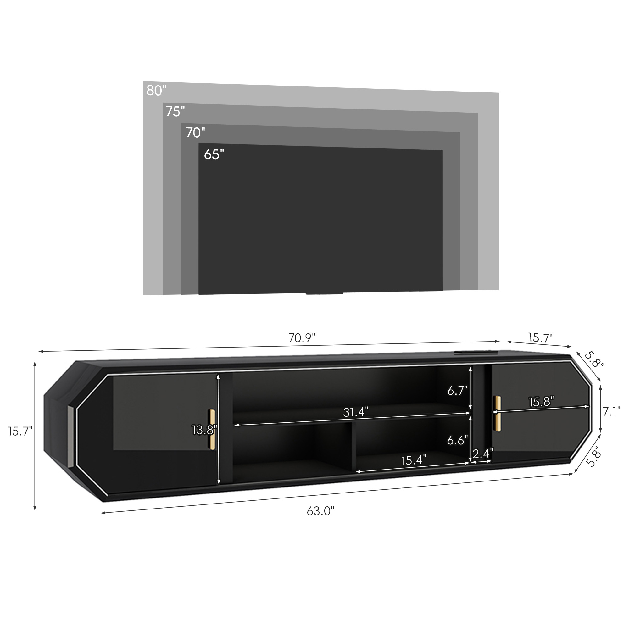 Blotout 70.9''Floating TV Stand with Power Outlet, High Gloss Paint Wall-Mounted Media Console with Gold Handle & Sliding Door Cabinets, Modern Entertainment Center for Wall-mounted TV Up to 80''