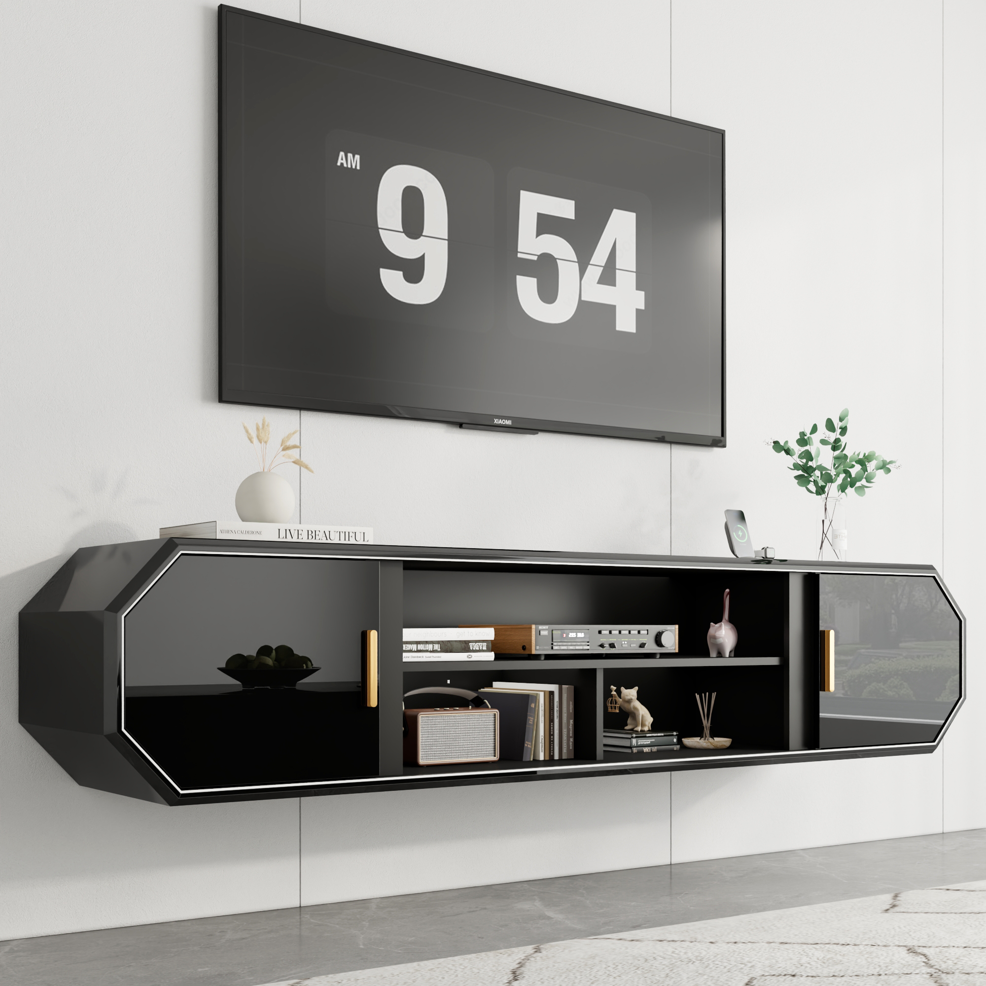 Blotout 70.9''Floating TV Stand with Power Outlet, High Gloss Paint Wall-Mounted Media Console with Gold Handle & Sliding Door Cabinets, Modern Entertainment Center for Wall-mounted TV Up to 80''