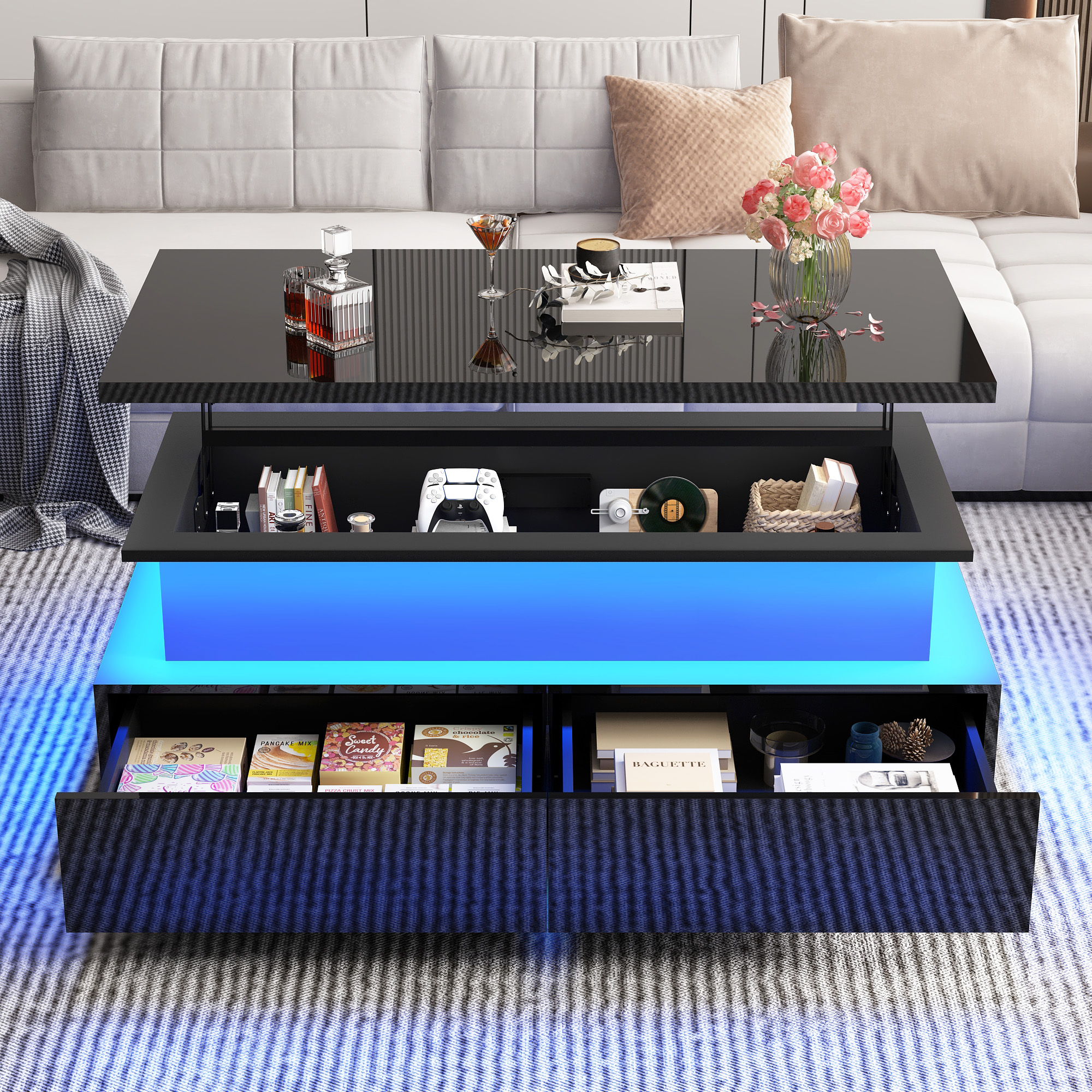 Modern LED Coffee Table with Storage, High Gloss Coffee Tables Rectangular Center Table with Open Display Shelf & 2 Sliding Drawers