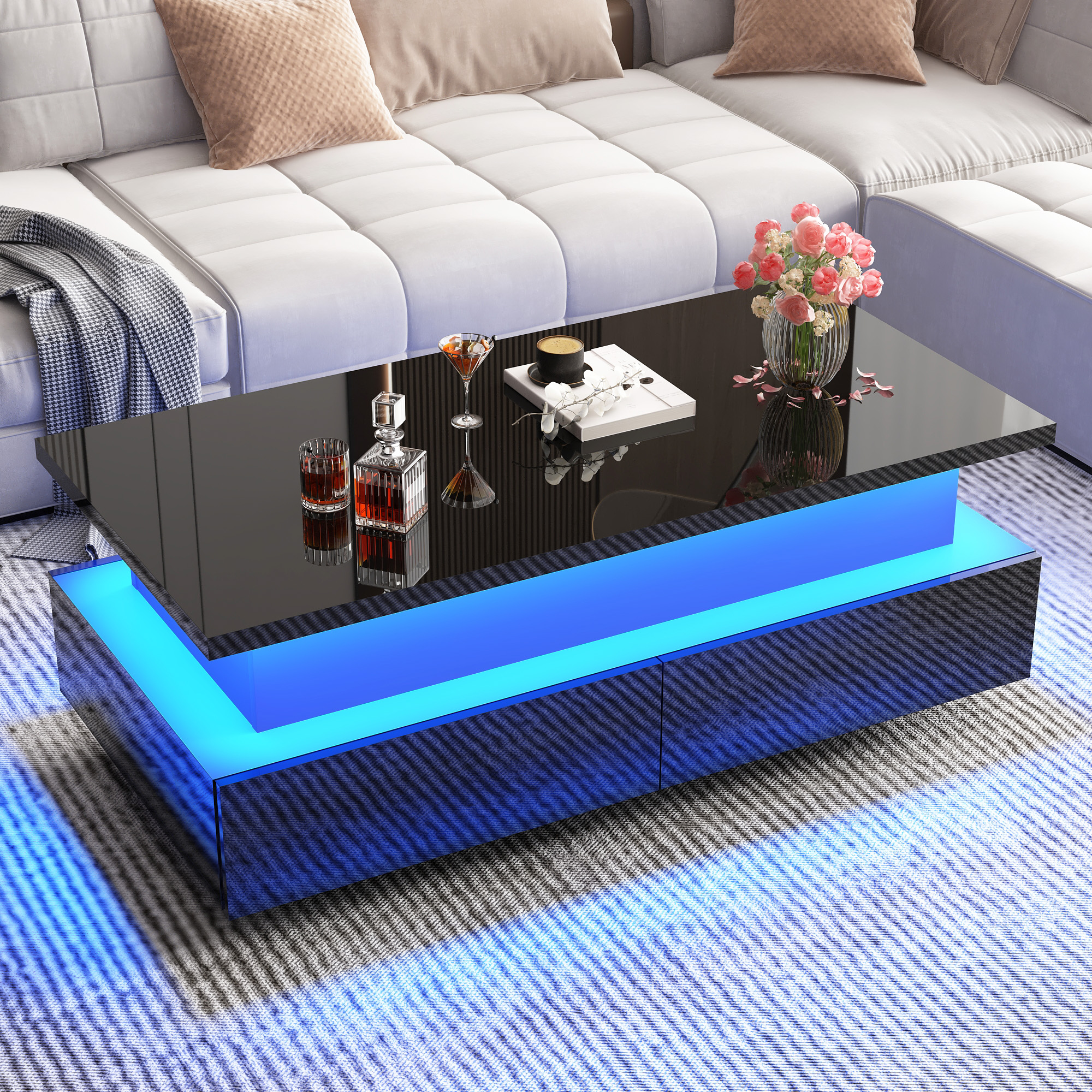 Modern LED Coffee Table with Storage, High Gloss Coffee Tables Rectangular Center Table with Open Display Shelf & 2 Sliding Drawers