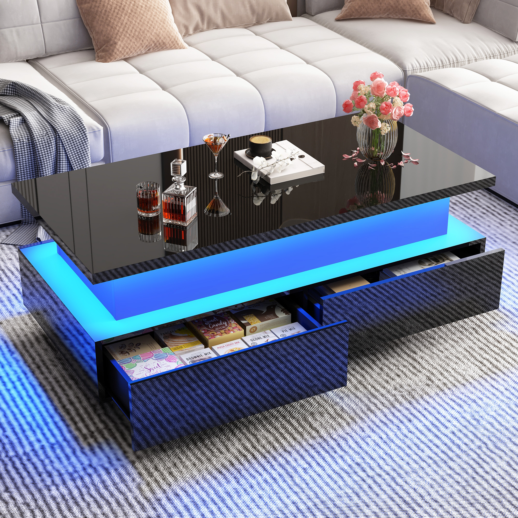 Modern LED Coffee Table with Storage, High Gloss Coffee Tables Rectangular Center Table with Open Display Shelf & 2 Sliding Drawers