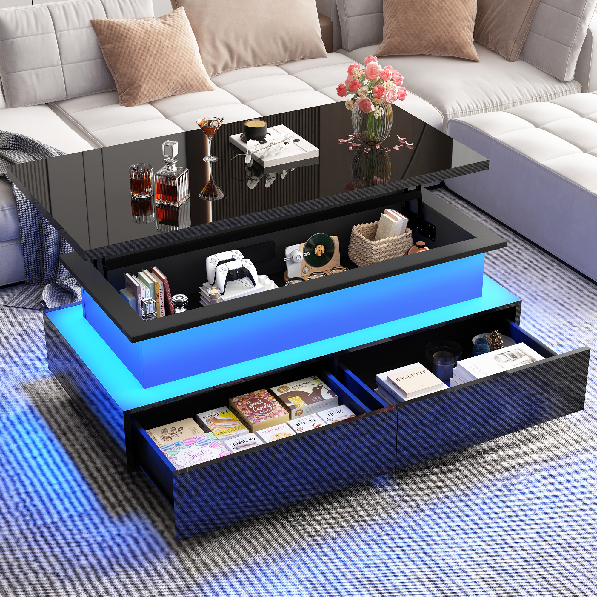Modern LED Coffee Table with Storage, High Gloss Coffee Tables Rectangular Center Table with Open Display Shelf & 2 Sliding Drawers