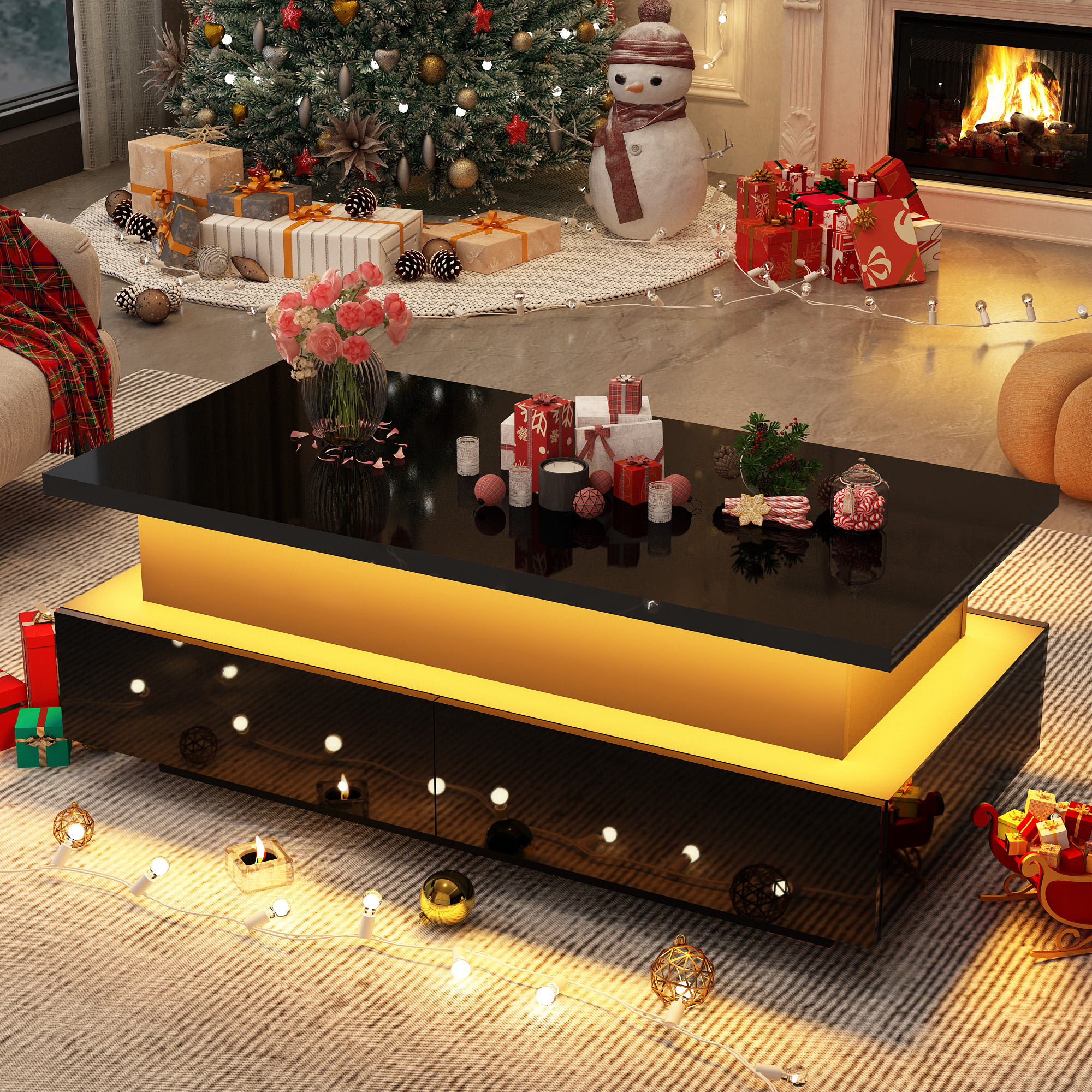 Modern LED Coffee Table with Storage, High Gloss Coffee Tables Rectangular Center Table with Open Display Shelf & 2 Sliding Drawers