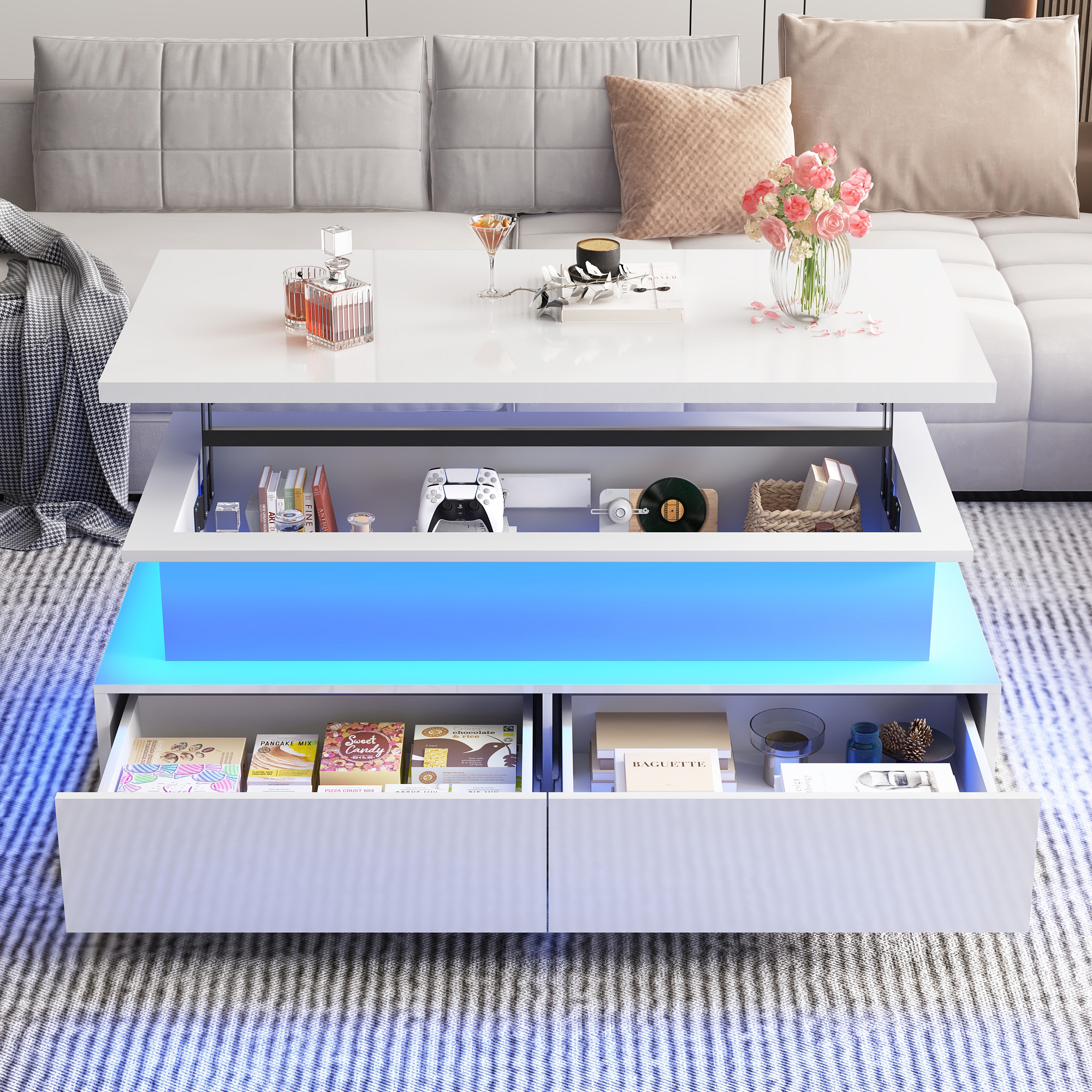 Modern LED Coffee Table with Storage, High Gloss Coffee Tables Rectangular Center Table with Open Display Shelf & 2 Sliding Drawers