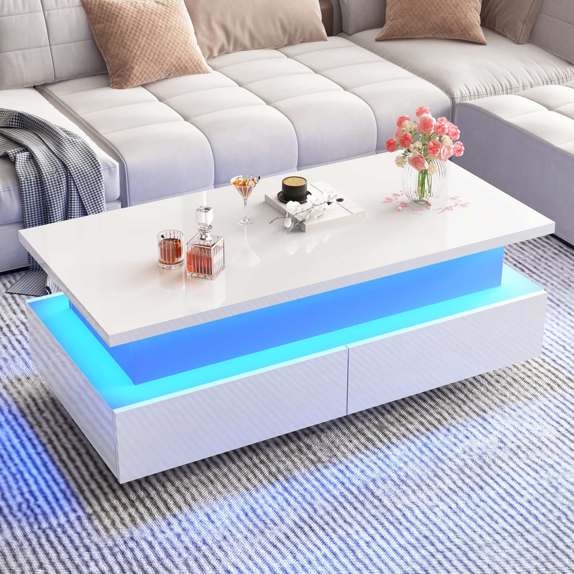 Modern LED Coffee Table with Storage, High Gloss Coffee Tables Rectangular Center Table with Open Display Shelf & 2 Sliding Drawers