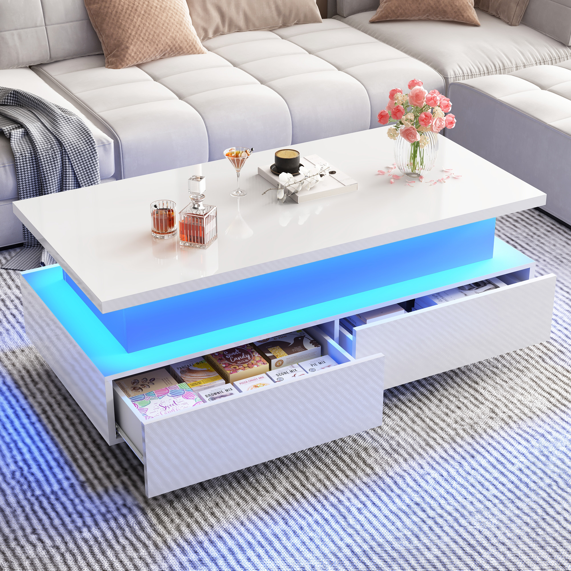 Modern LED Coffee Table with Storage, High Gloss Coffee Tables Rectangular Center Table with Open Display Shelf & 2 Sliding Drawers