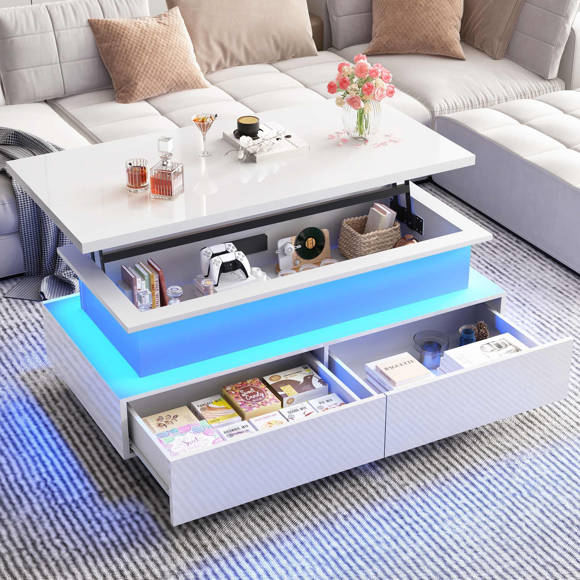 Modern LED Coffee Table with Storage, High Gloss Coffee Tables Rectangular Center Table with Open Display Shelf & 2 Sliding Drawers