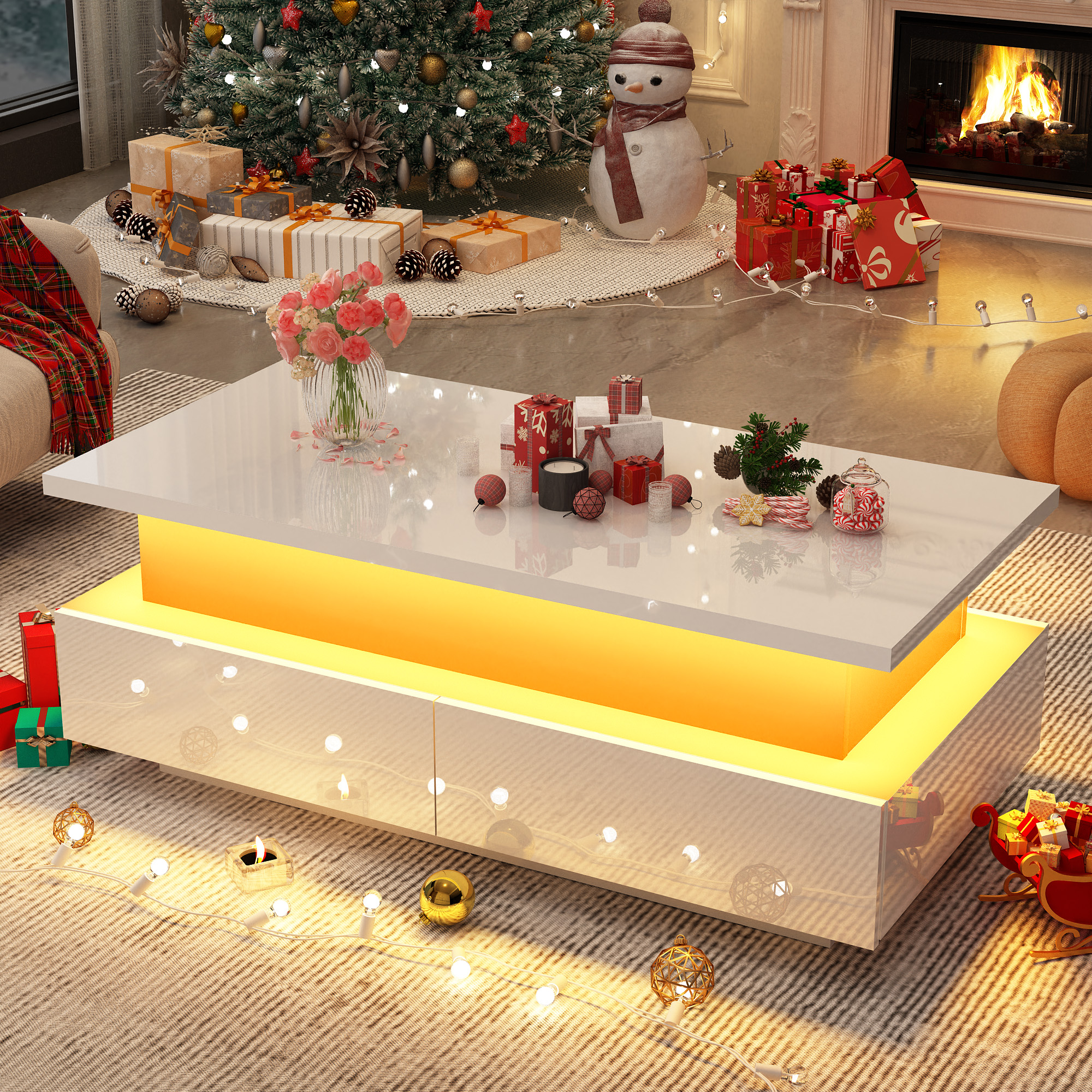 Modern LED Coffee Table with Storage, High Gloss Coffee Tables Rectangular Center Table with Open Display Shelf & 2 Sliding Drawers