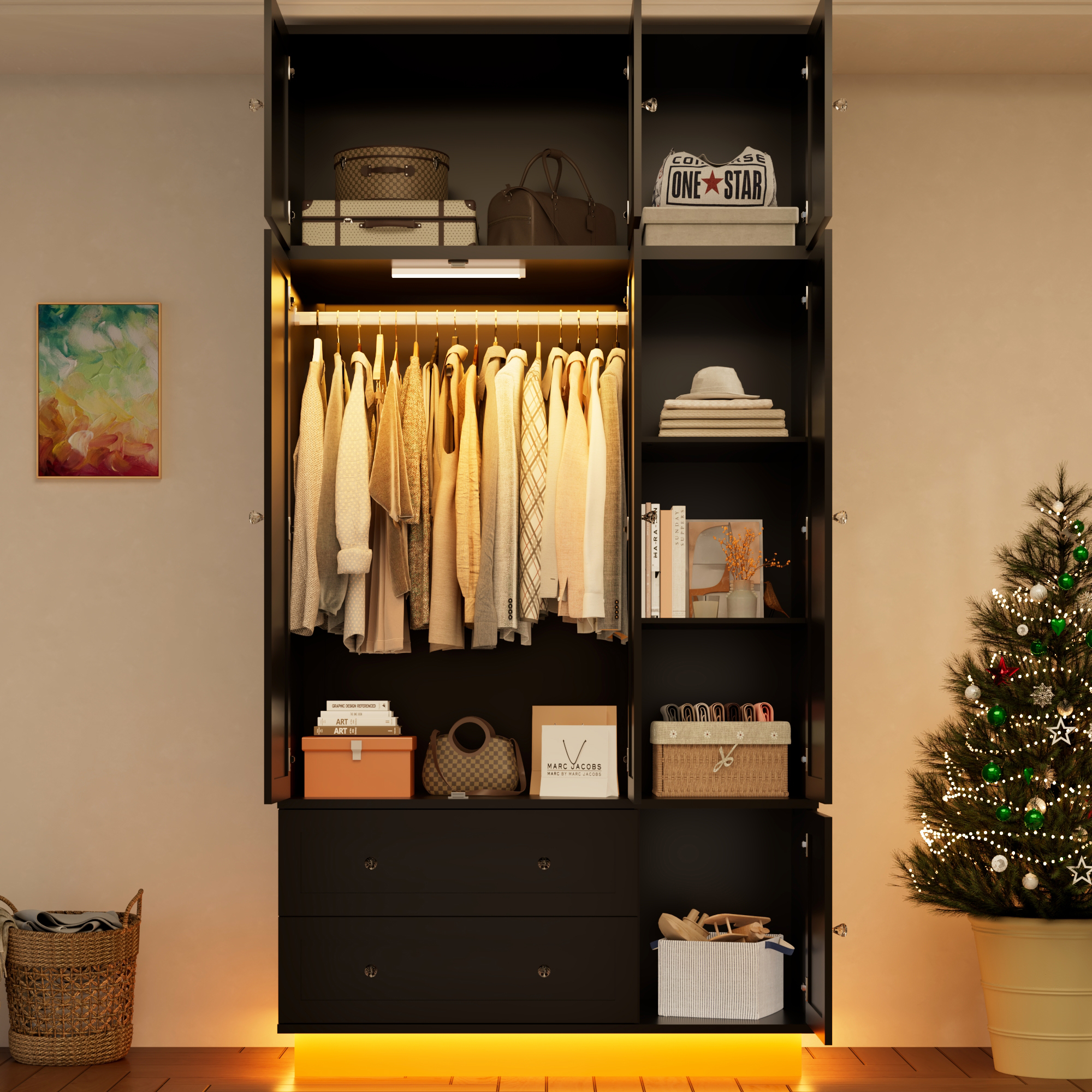 ANPOO 93'' Tall 3 Door LED Wardrobe Armoire with Top Cabinet, Motion Sensor Light, Mirror, 2 Drawers & Hanging Rod, Large Storage Armoire, Wood Clothes Cabinet for Bedroom