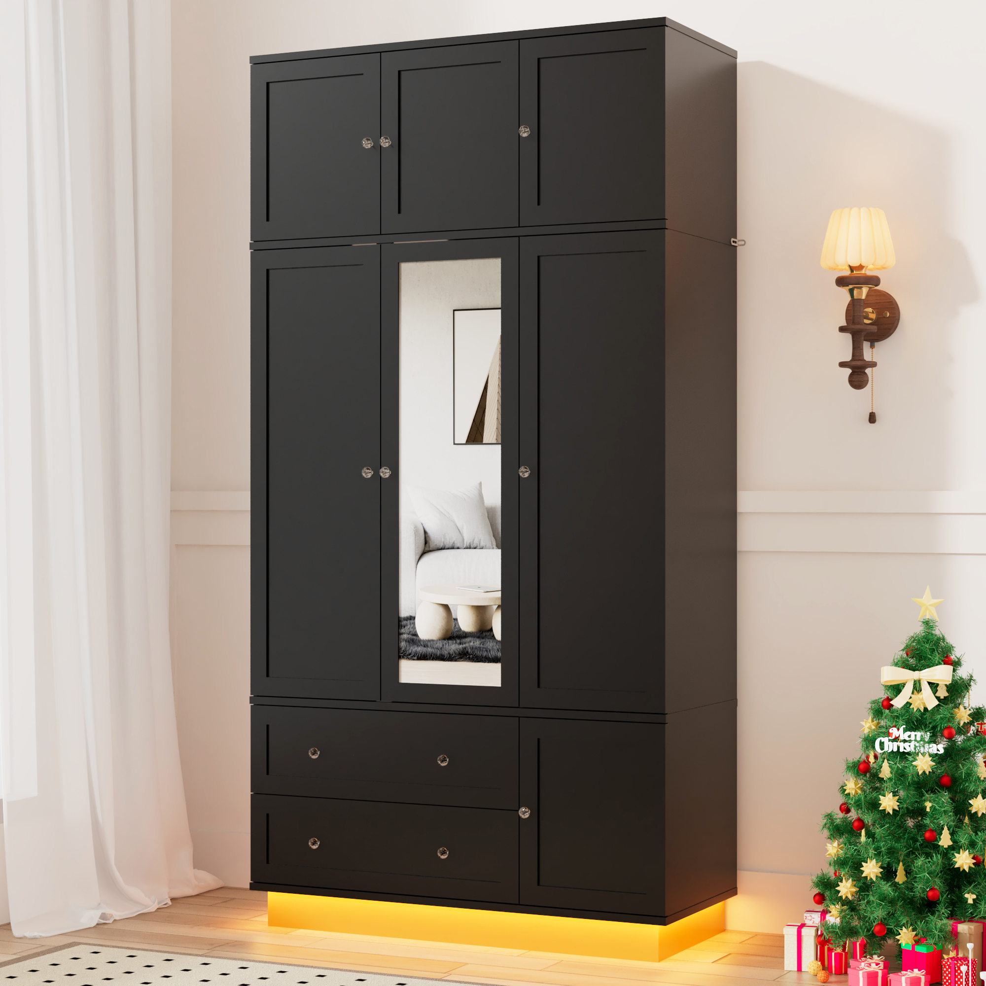 ANPOO 93'' Tall 3 Door LED Wardrobe Armoire with Top Cabinet, Motion Sensor Light, Mirror, 2 Drawers & Hanging Rod, Large Storage Armoire, Wood Clothes Cabinet for Bedroom