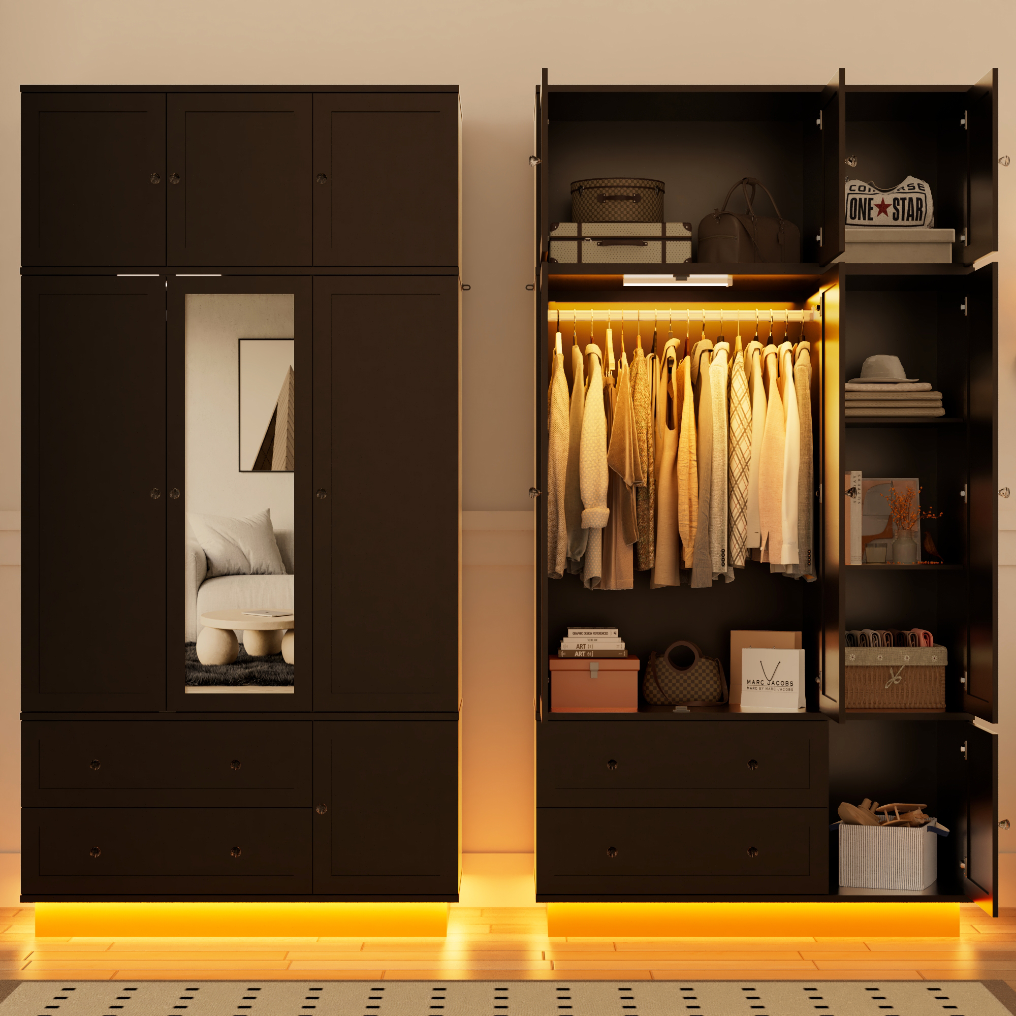 ANPOO 93'' Tall 3 Door LED Wardrobe Armoire with Top Cabinet, Motion Sensor Light, Mirror, 2 Drawers & Hanging Rod, Large Storage Armoire, Wood Clothes Cabinet for Bedroom