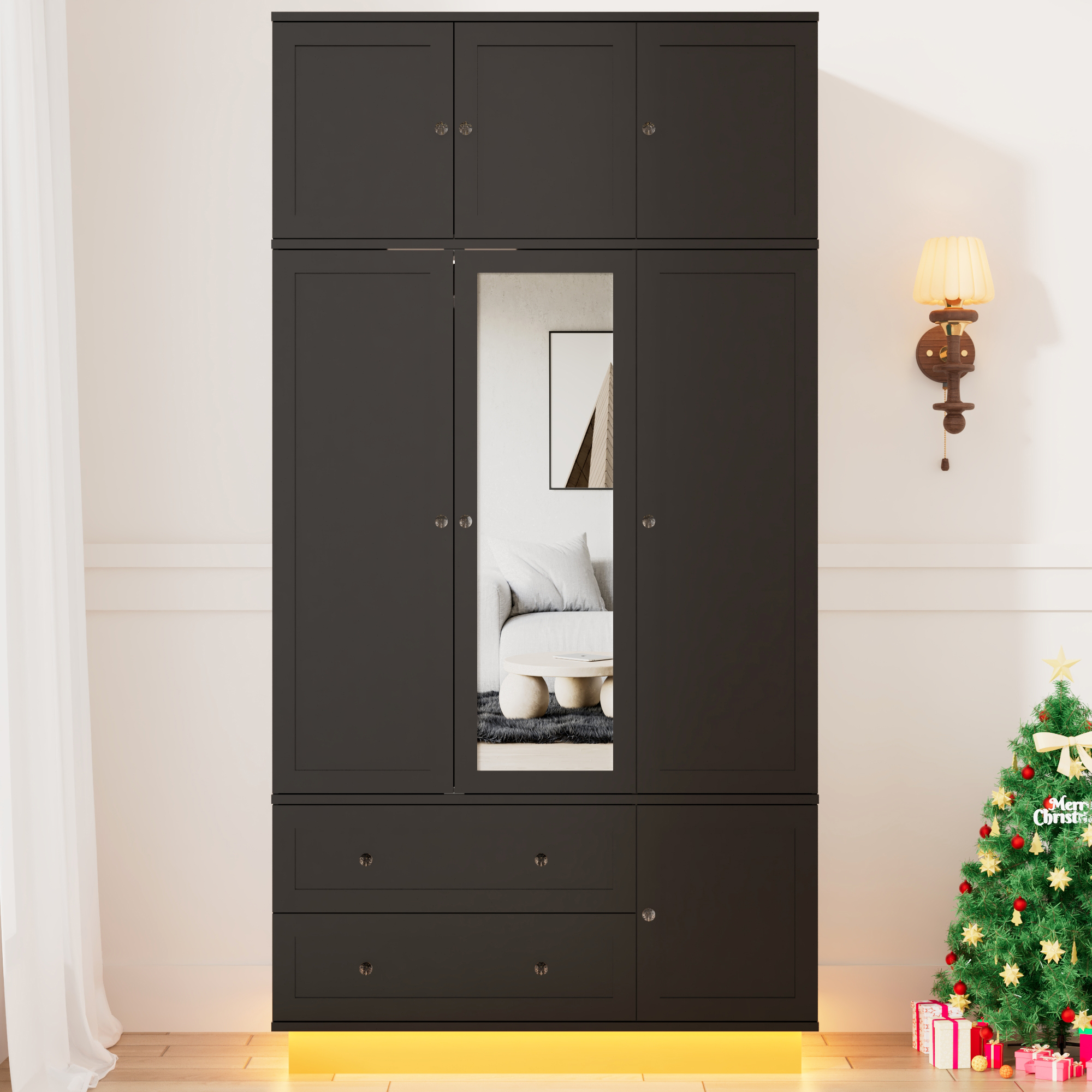 ANPOO 93'' Tall 3 Door LED Wardrobe Armoire with Top Cabinet, Motion Sensor Light, Mirror, 2 Drawers & Hanging Rod, Large Storage Armoire, Wood Clothes Cabinet for Bedroom