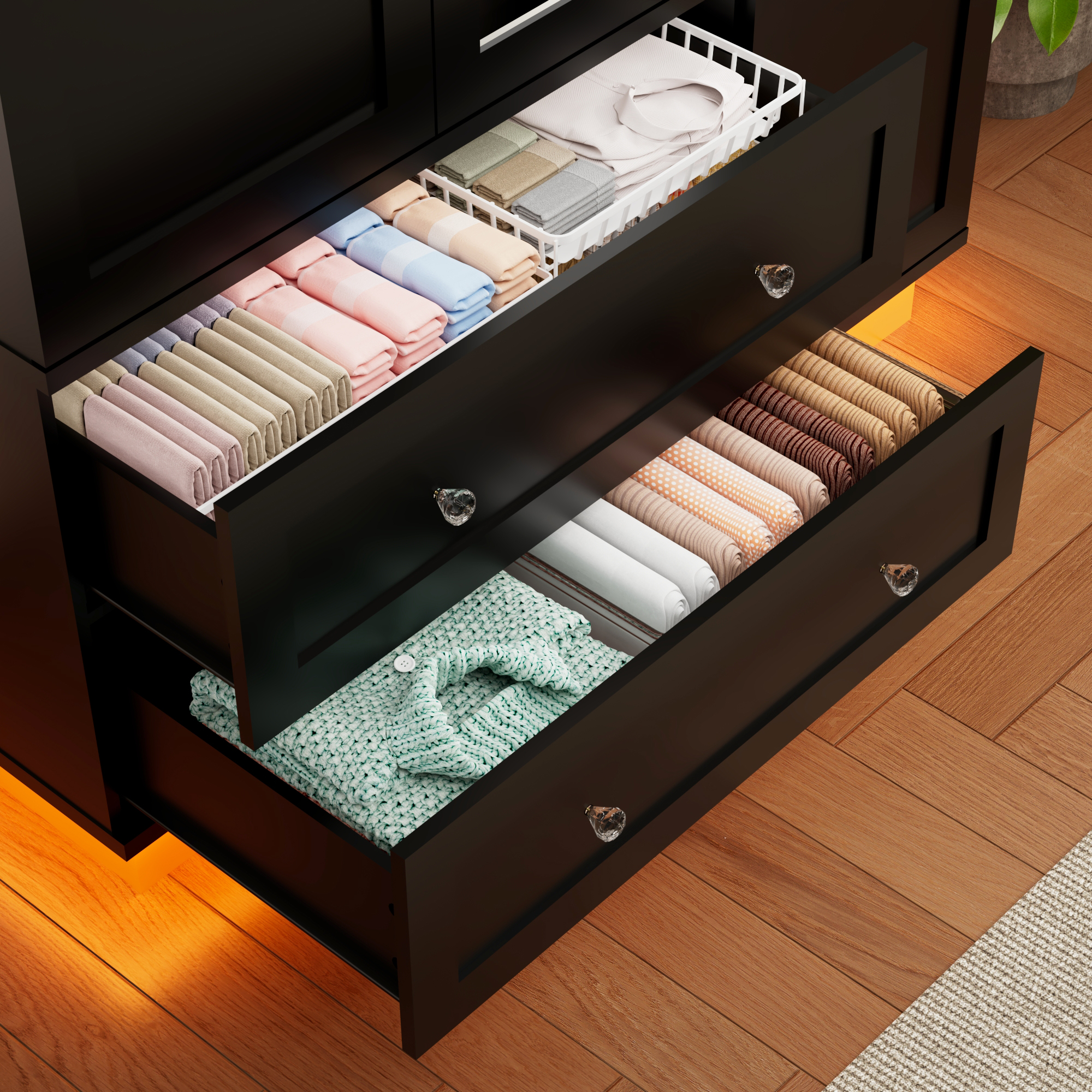 ANPOO 93'' Tall 3 Door LED Wardrobe Armoire with Top Cabinet, Motion Sensor Light, Mirror, 2 Drawers & Hanging Rod, Large Storage Armoire, Wood Clothes Cabinet for Bedroom