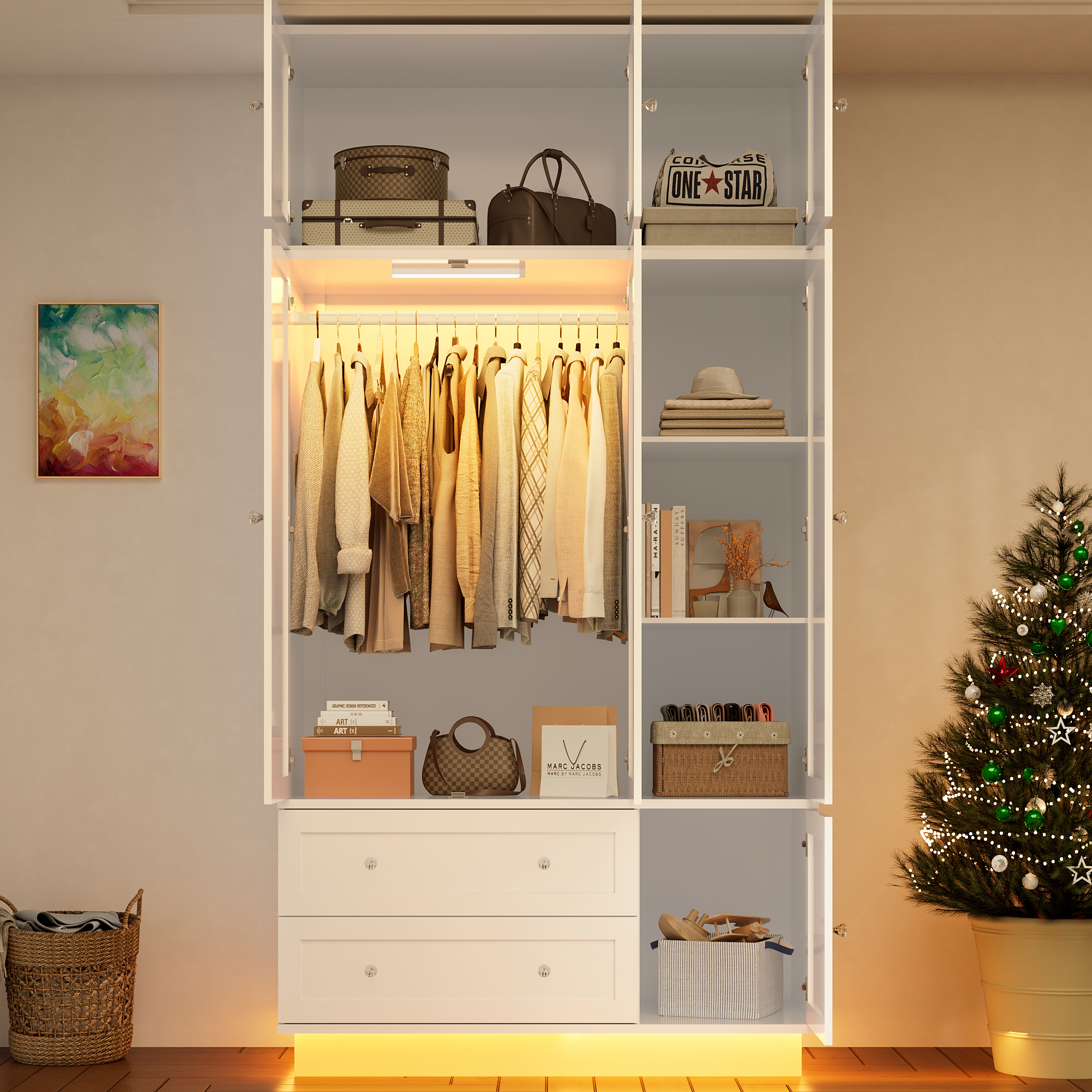 ANPOO 93'' Tall 3 Door LED Wardrobe Armoire with Top Cabinet, Motion Sensor Light, Mirror, 2 Drawers & Hanging Rod, Large Storage Armoire, Wood Clothes Cabinet for Bedroom