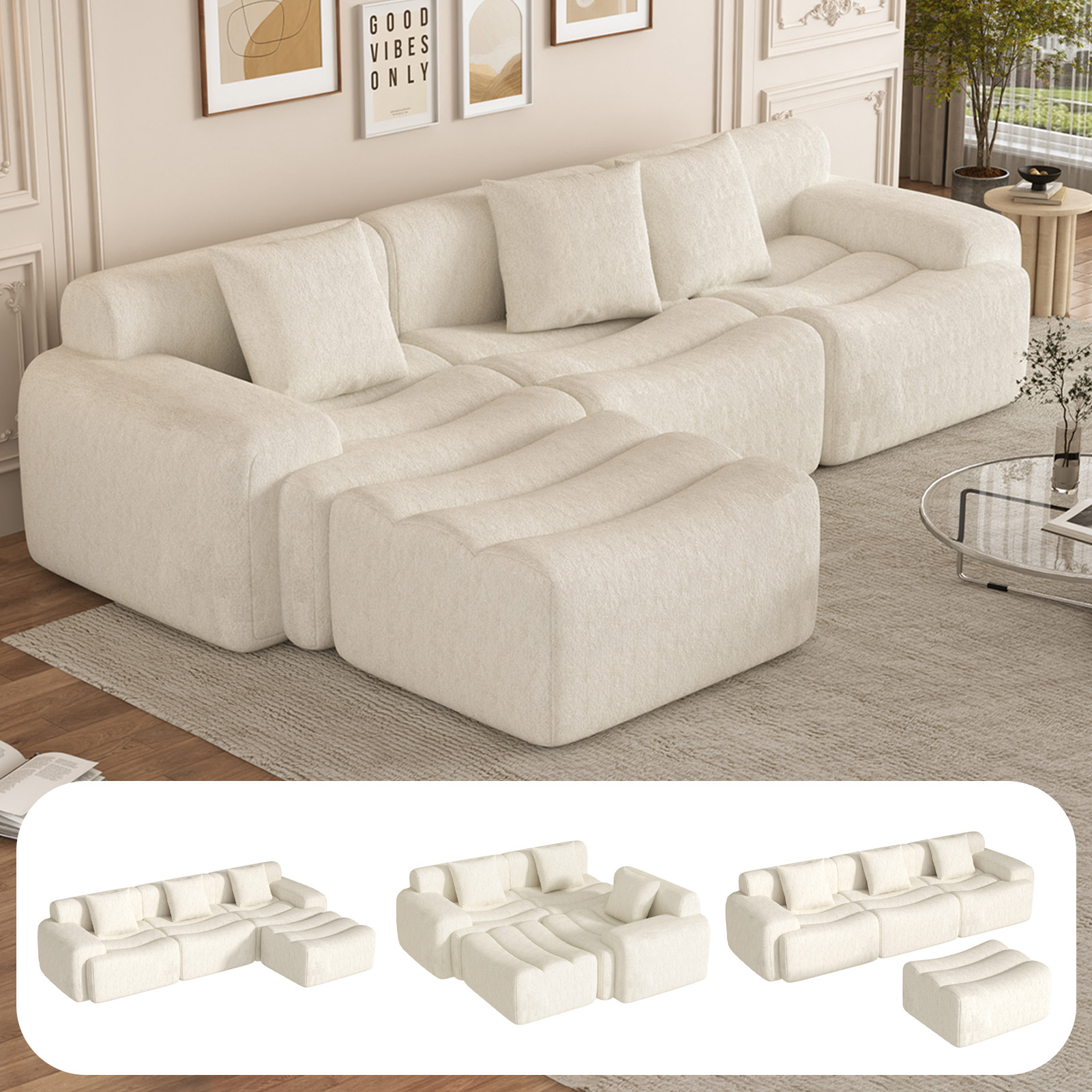 ANPOO 118" Extra Large Couches for Living Room, 30" Oversized Deep Seat Boneless Couches for Living Room with Movable Ottoman, L Shaped Sectional Couches for Living Room, Chenille Sofa