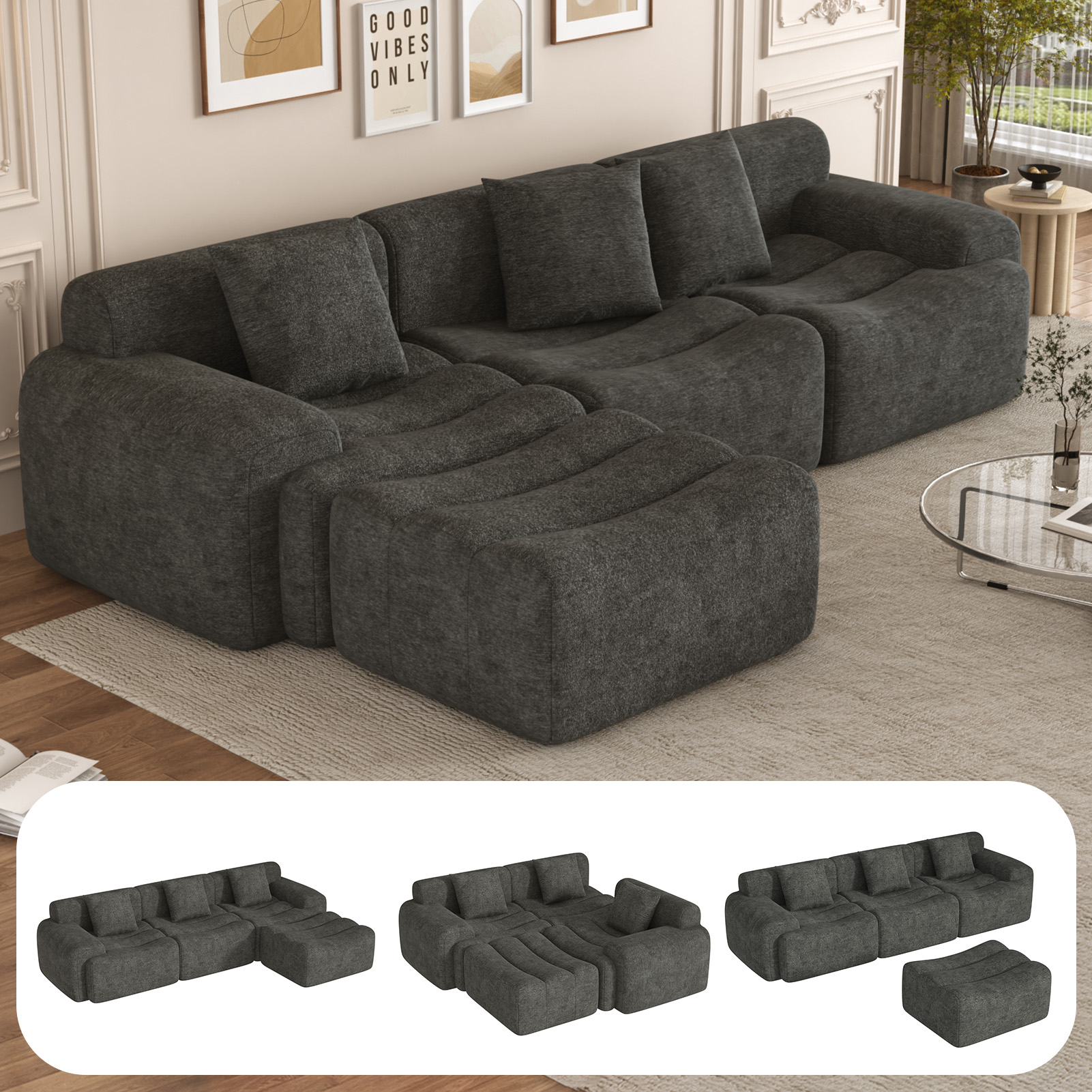 ANPOO 118" Extra Large Couches for Living Room, 30" Oversized Deep Seat Boneless Couches for Living Room with Movable Ottoman, L Shaped Sectional Couches for Living Room, Chenille Sofa