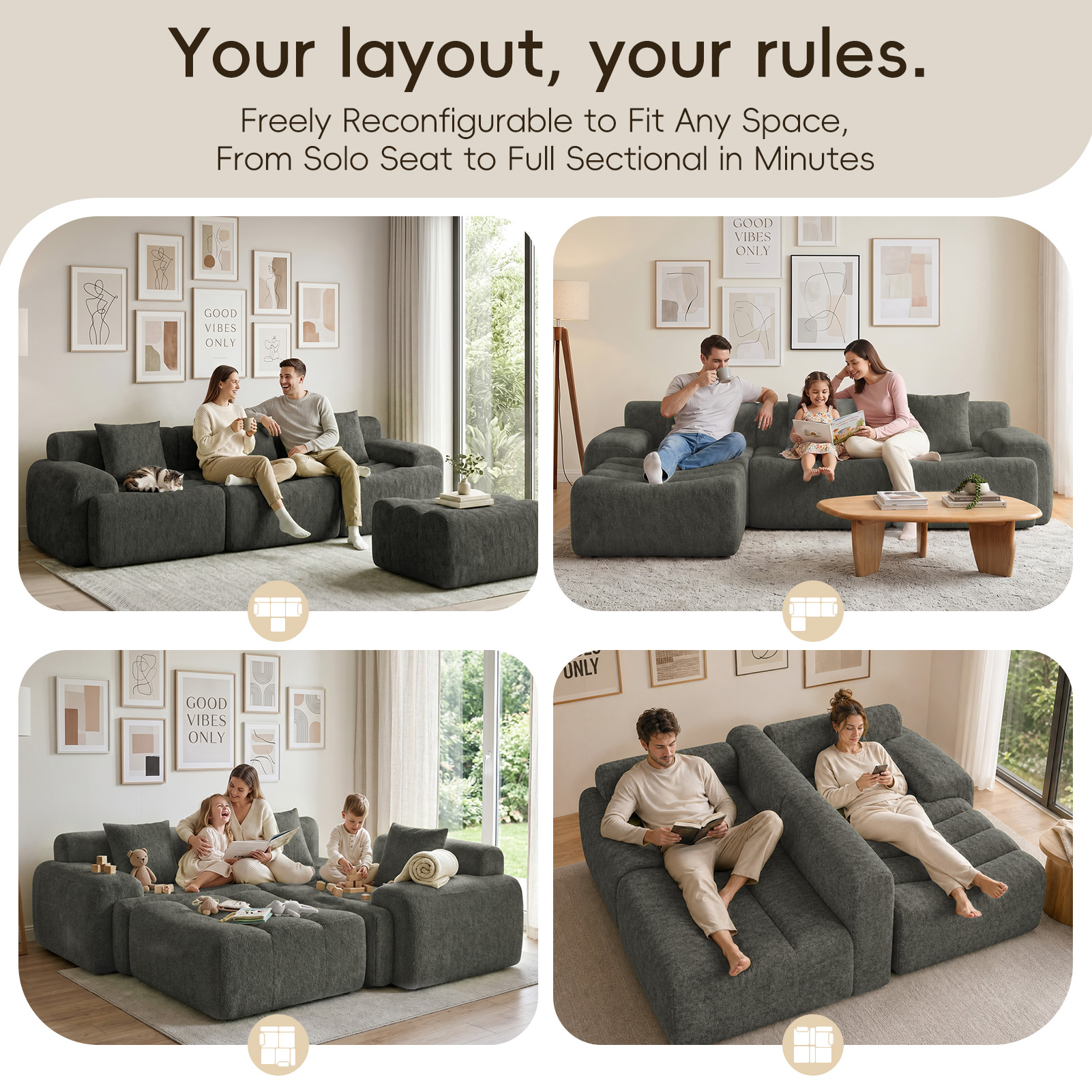ANPOO 118" Extra Large Couches for Living Room, 30" Oversized Deep Seat Boneless Couches for Living Room with Movable Ottoman, L Shaped Sectional Couches for Living Room, Chenille Sofa