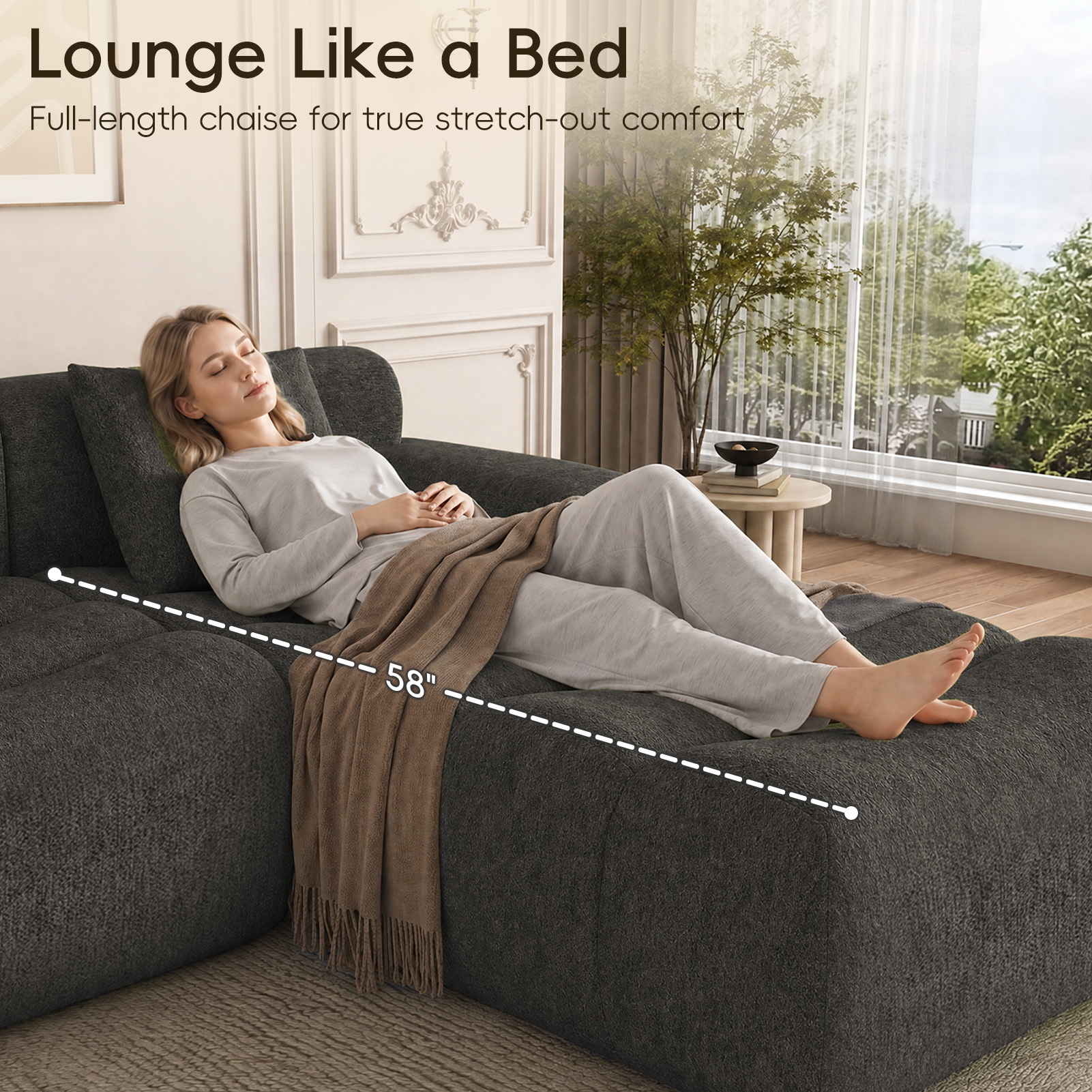 ANPOO 118" Extra Large Couches for Living Room, 30" Oversized Deep Seat Boneless Couches for Living Room with Movable Ottoman, L Shaped Sectional Couches for Living Room, Chenille Sofa