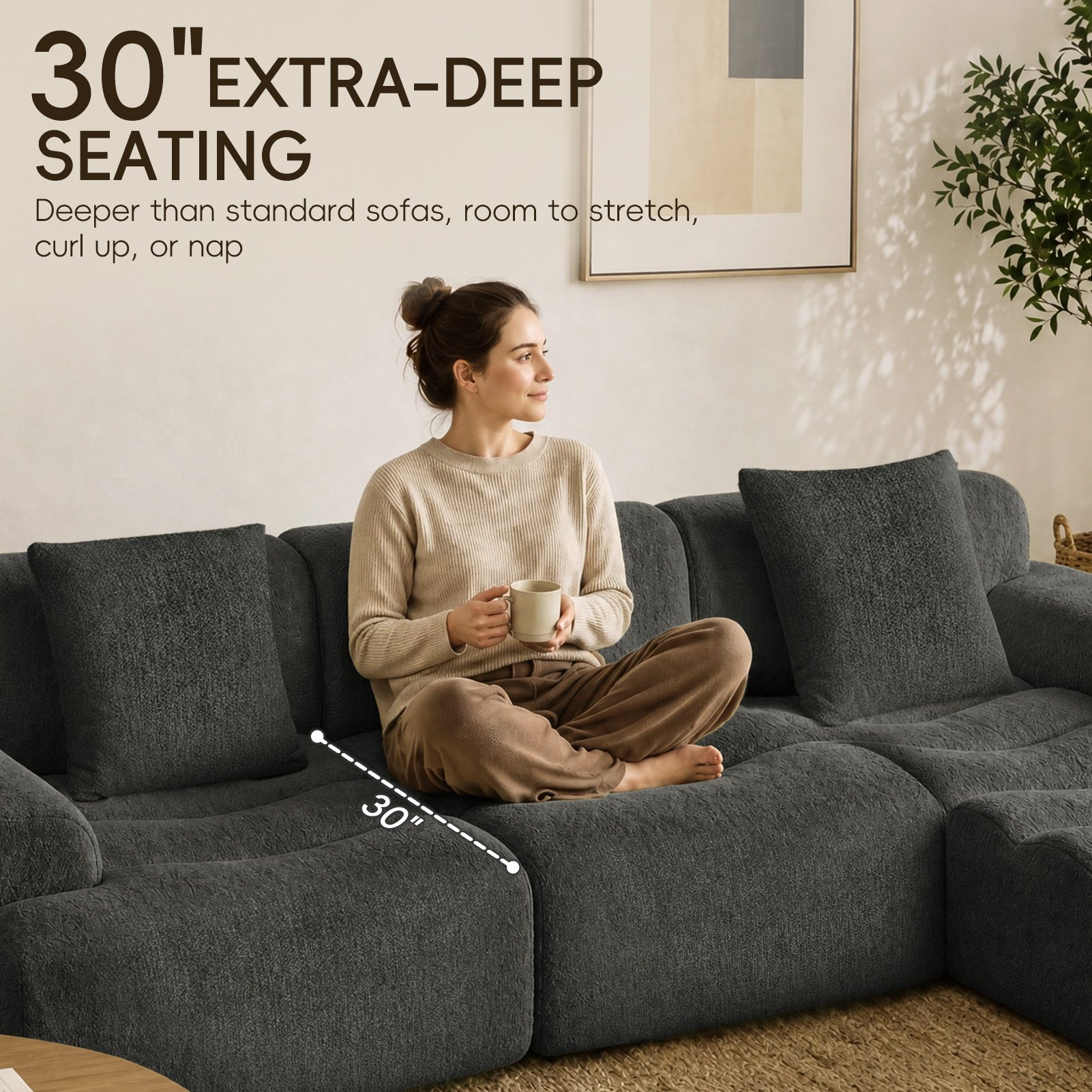 ANPOO 118" Extra Large Couches for Living Room, 30" Oversized Deep Seat Boneless Couches for Living Room with Movable Ottoman, L Shaped Sectional Couches for Living Room, Chenille Sofa