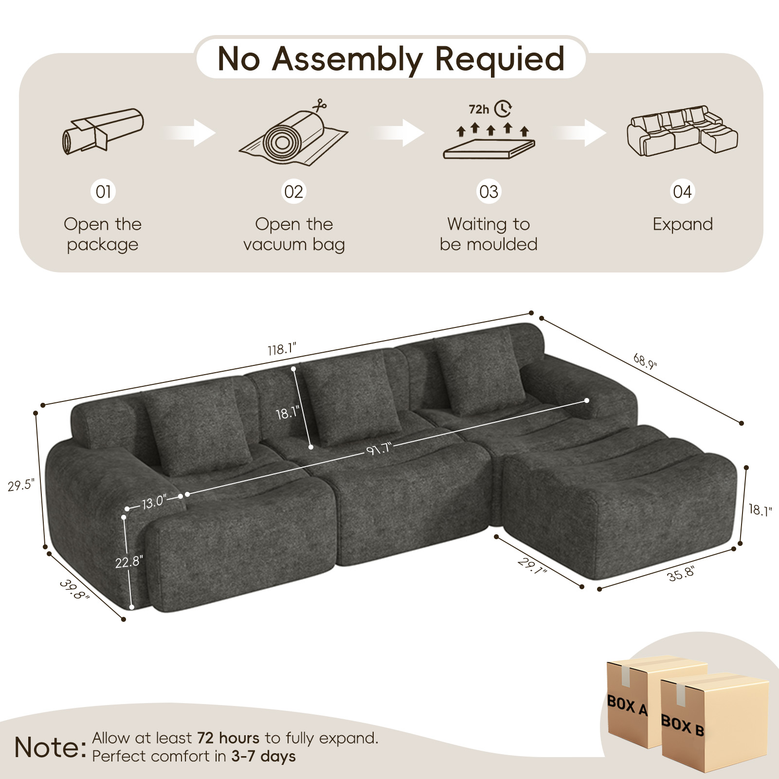 ANPOO 118" Extra Large Couches for Living Room, 30" Oversized Deep Seat Boneless Couches for Living Room with Movable Ottoman, L Shaped Sectional Couches for Living Room, Chenille Sofa