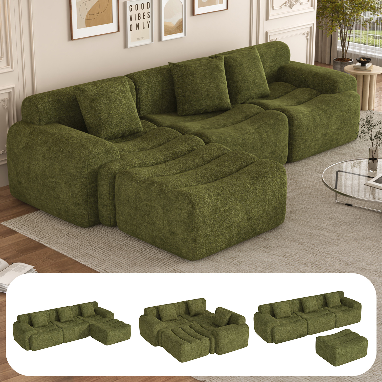 ANPOO 118" Extra Large Couches for Living Room, 30" Oversized Deep Seat Boneless Couches for Living Room with Movable Ottoman, L Shaped Sectional Couches for Living Room, Chenille Sofa