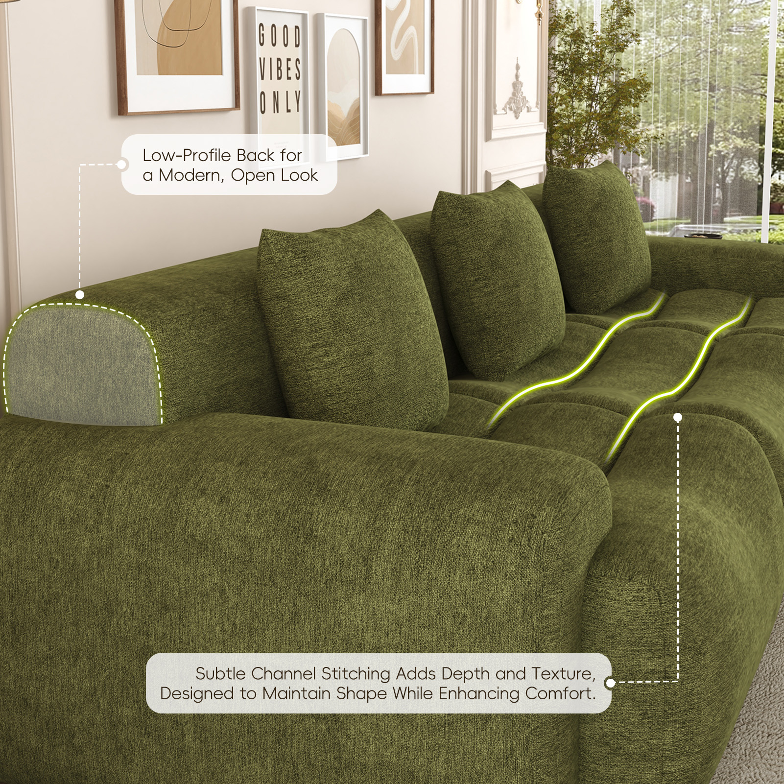 ANPOO 118" Extra Large Couches for Living Room, 30" Oversized Deep Seat Boneless Couches for Living Room with Movable Ottoman, L Shaped Sectional Couches for Living Room, Chenille Sofa