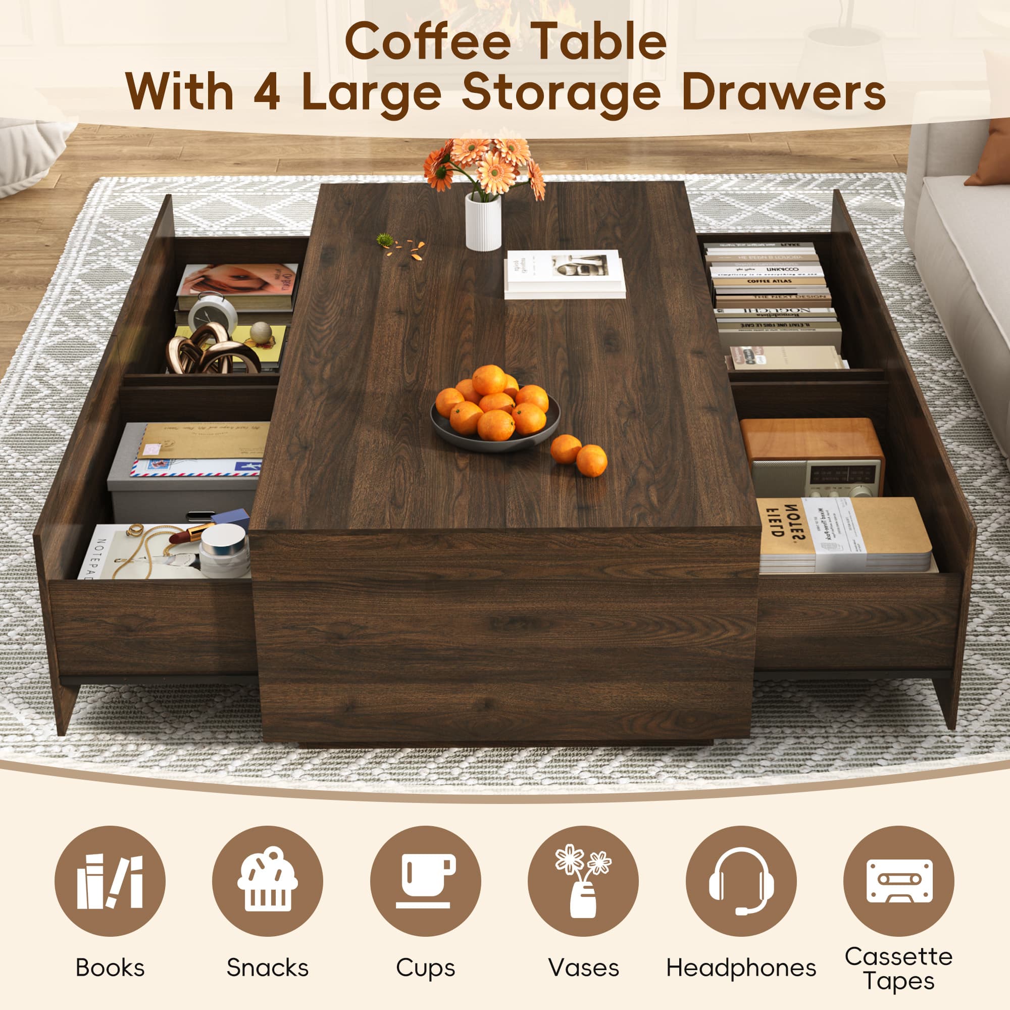 Wood Square Coffee Table with Storage