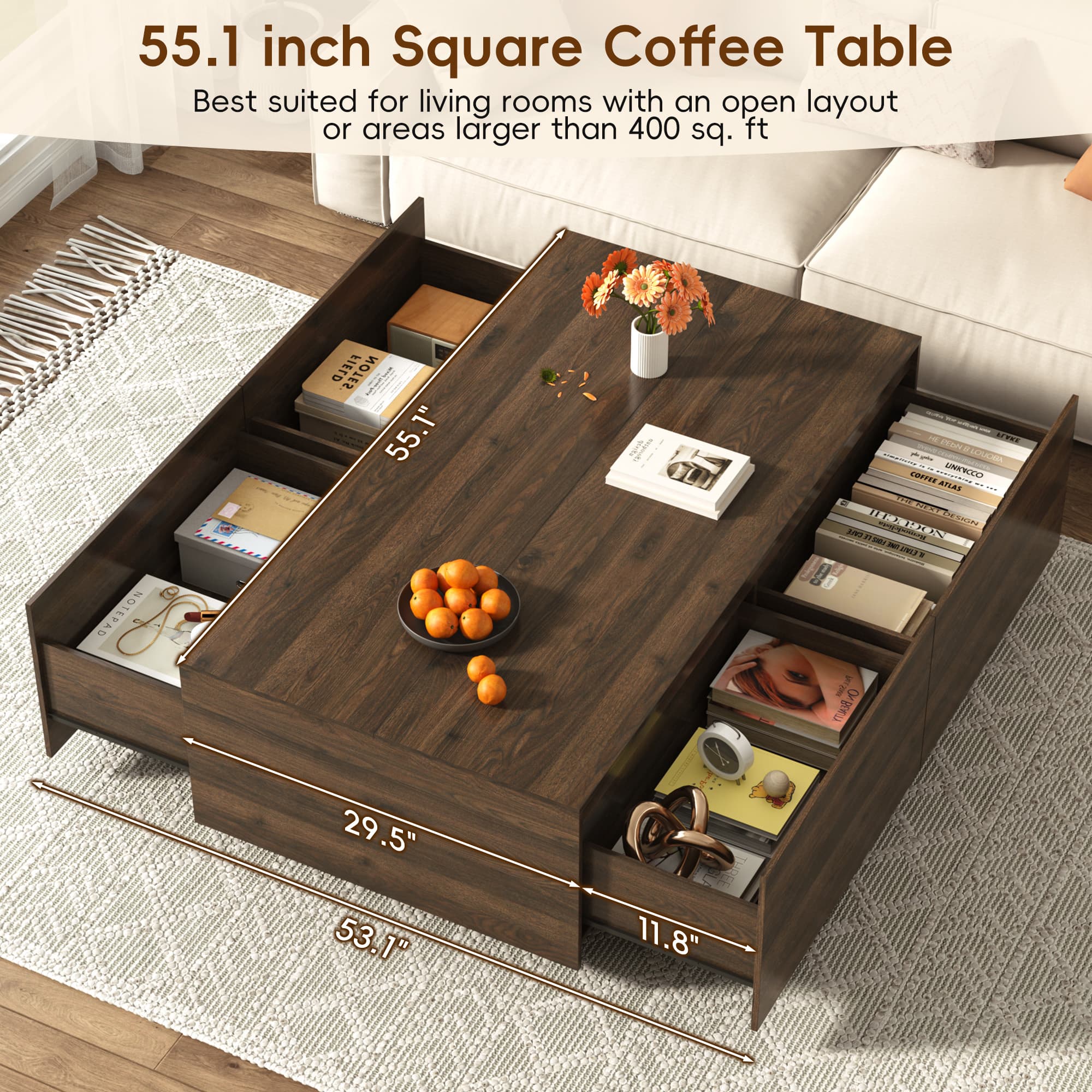 Wood Square Coffee Table with Storage