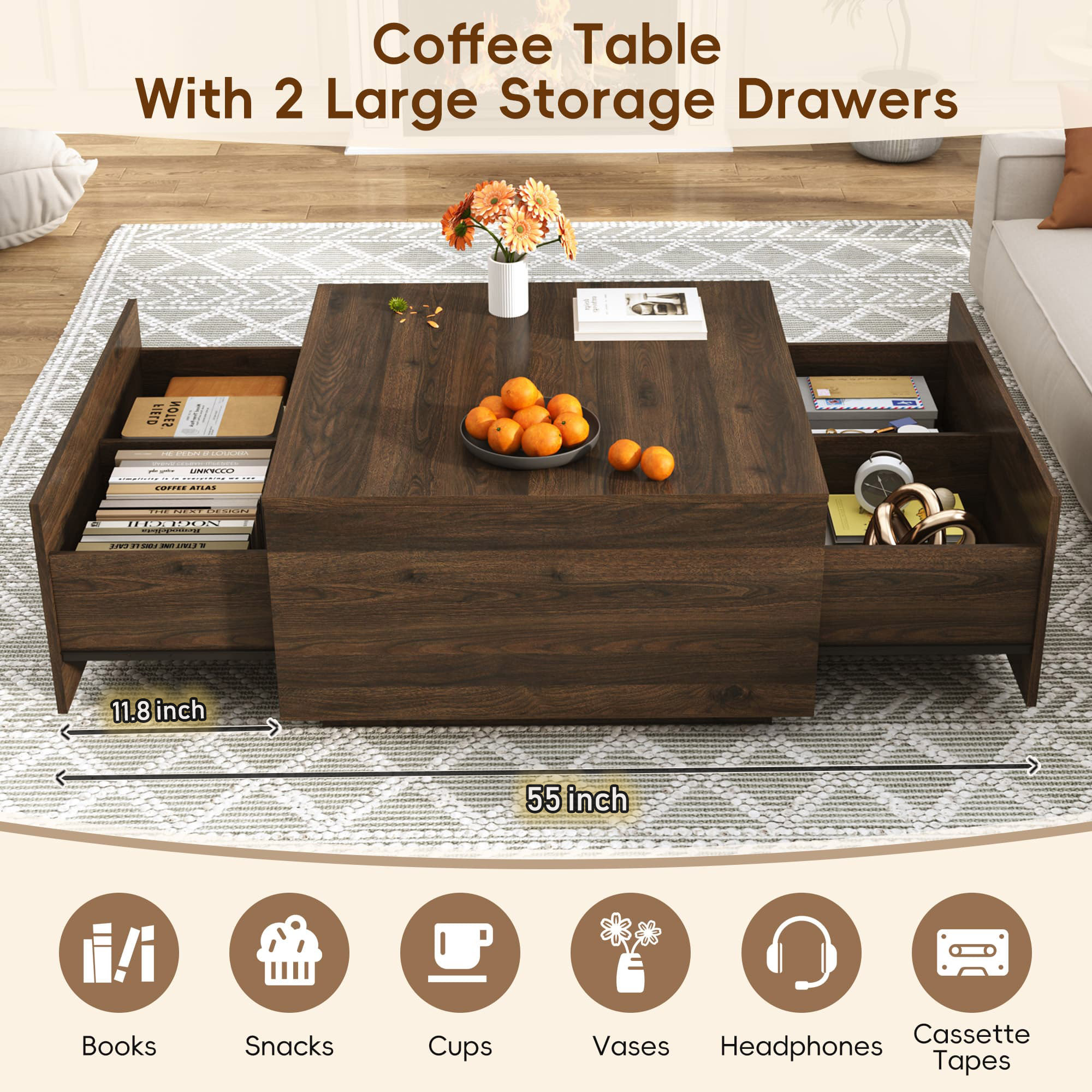 31.5" Wood Square Coffee Table with Storage