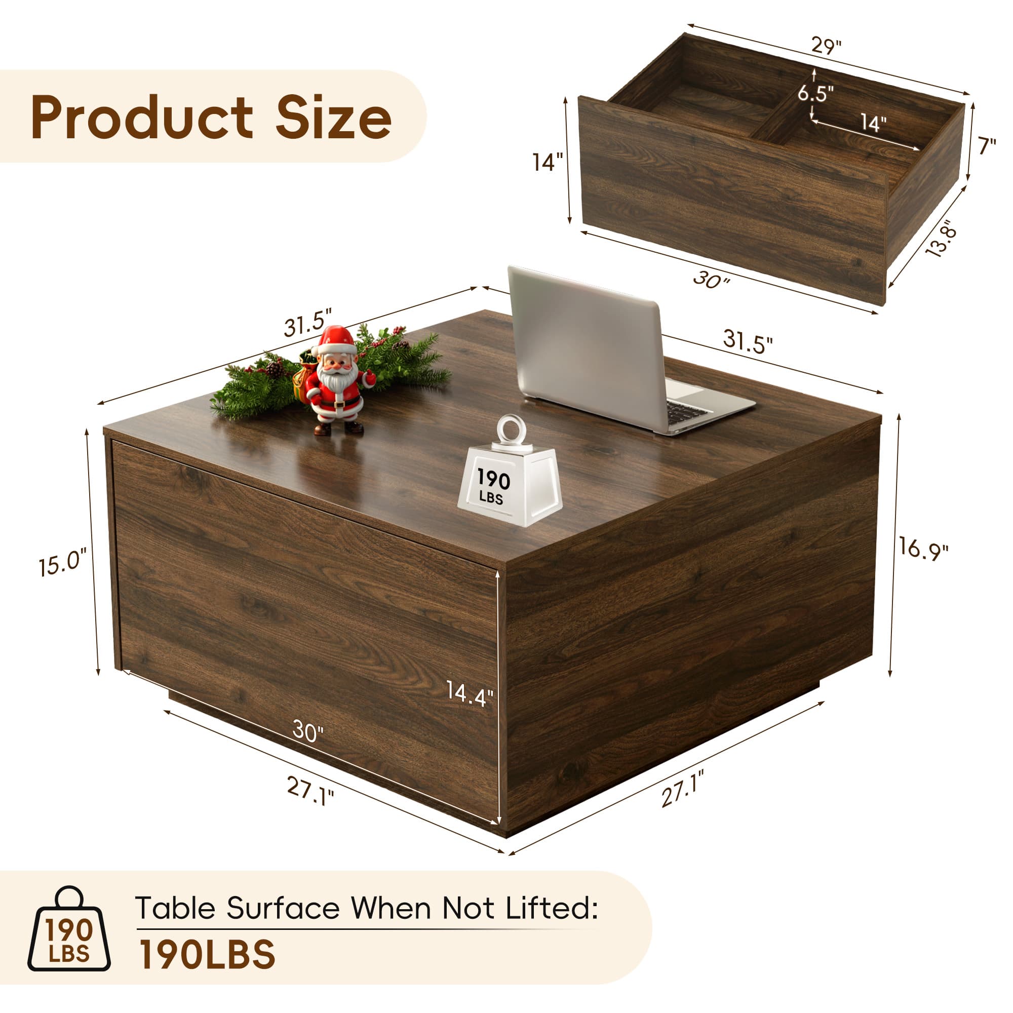31.5" Wood Square Coffee Table with Storage
