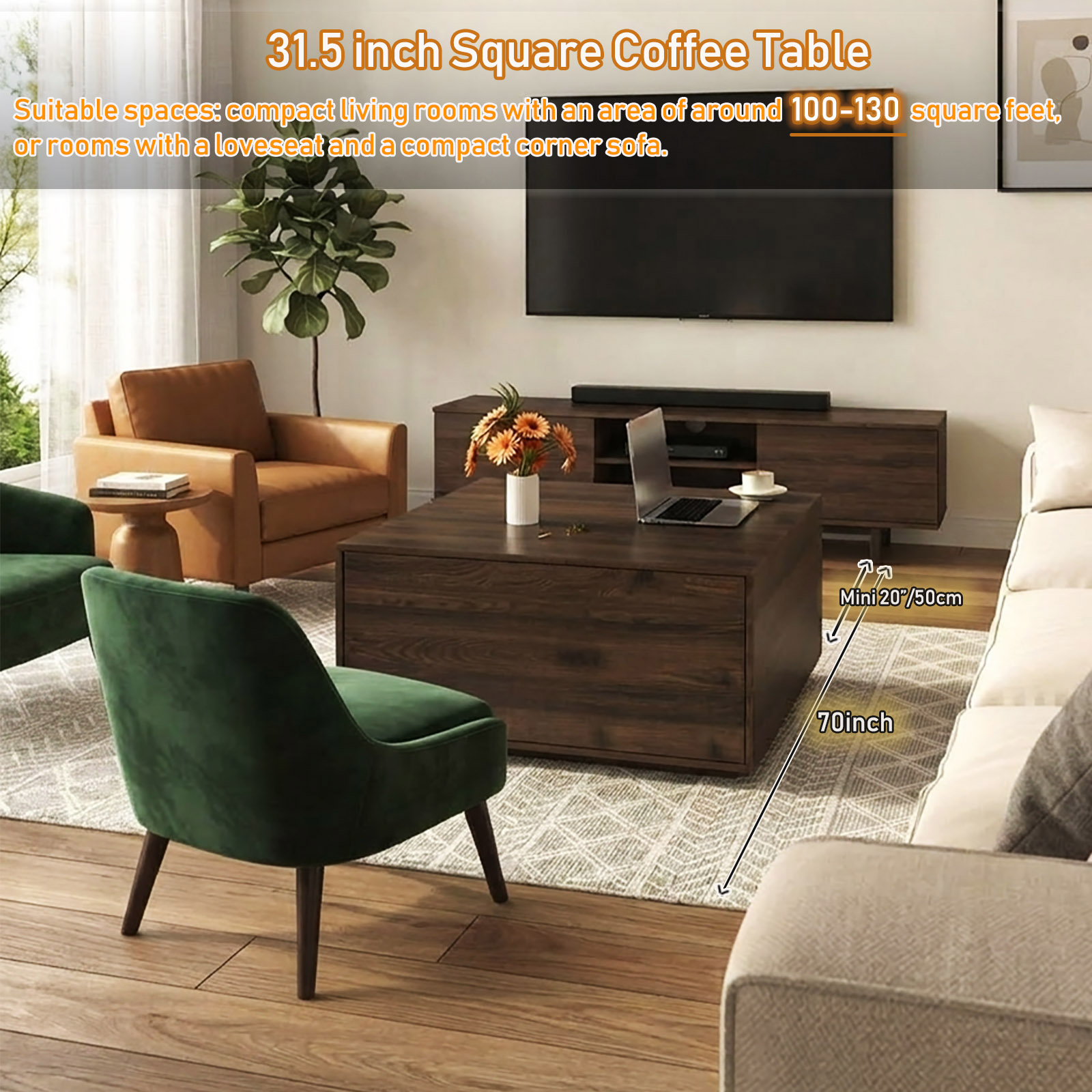 31.5" Wood Square Coffee Table with Storage