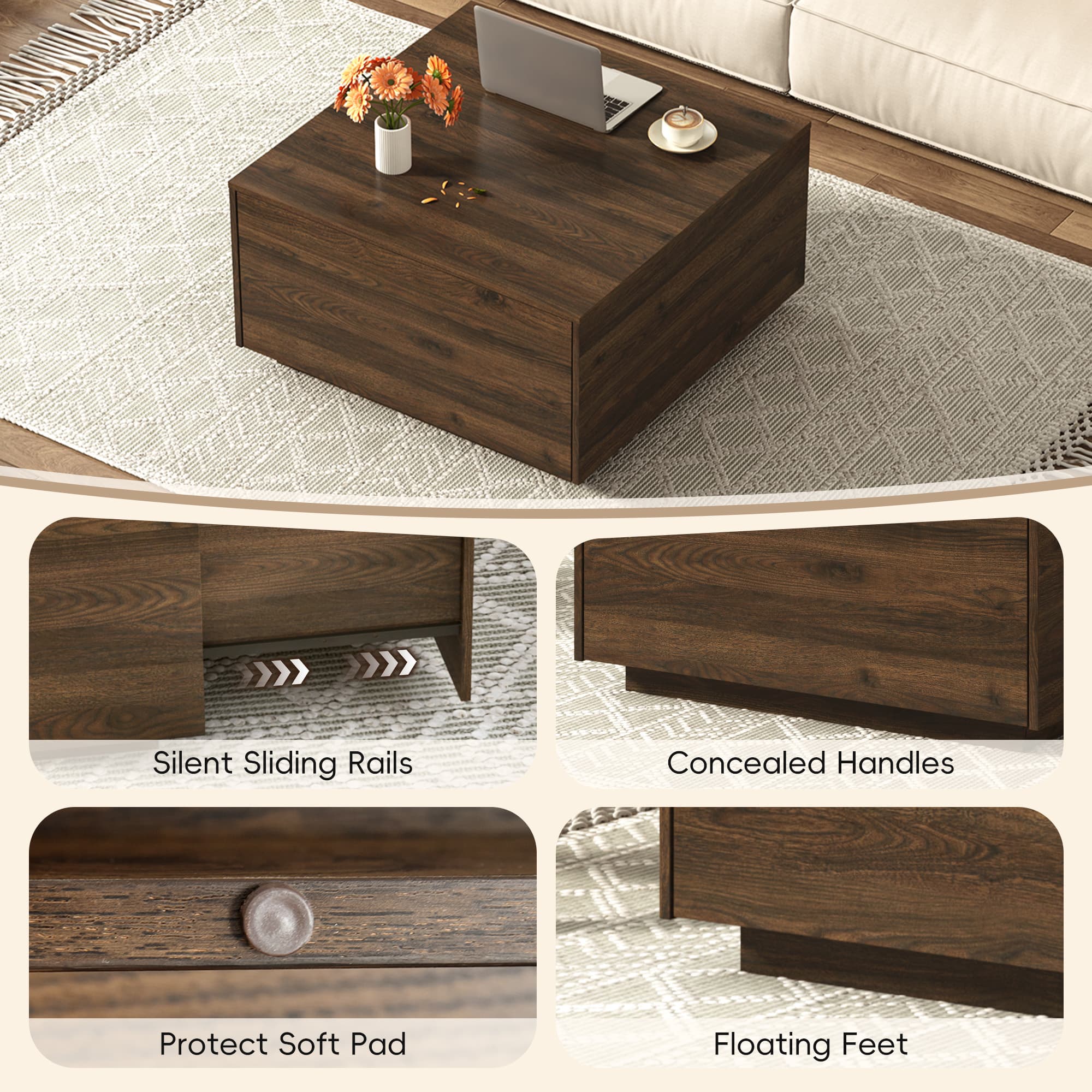 31.5" Wood Square Coffee Table with Storage