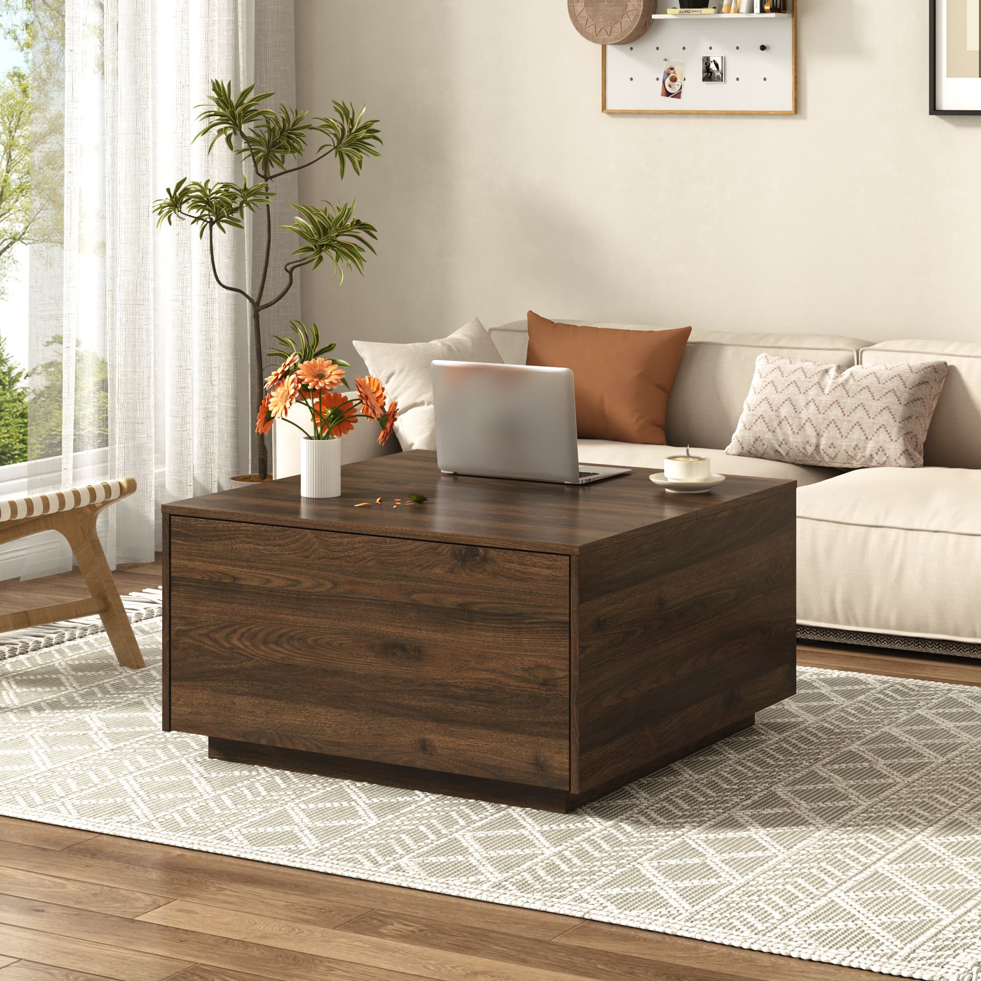 31.5" Wood Square Coffee Table with Storage