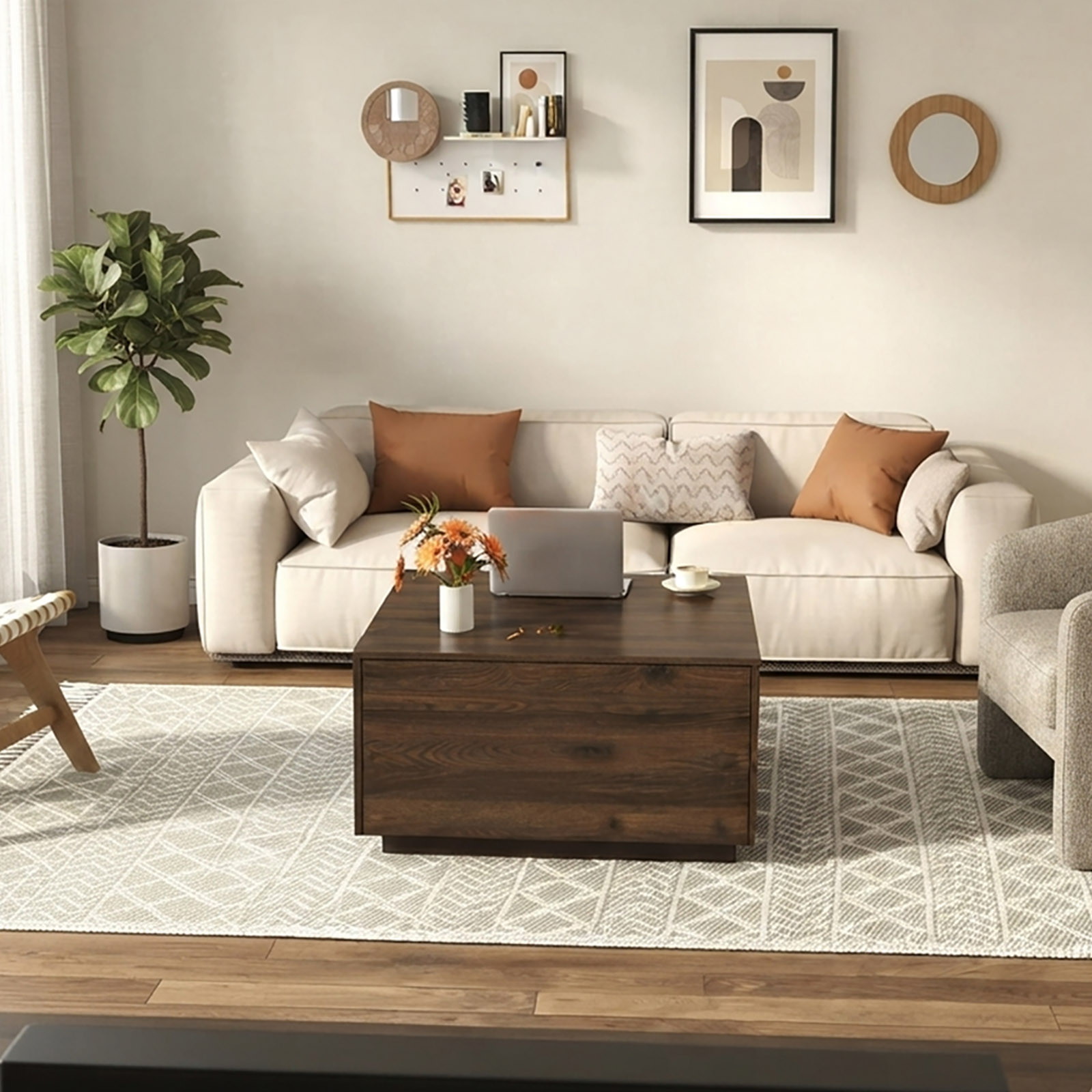 31.5" Wood Square Coffee Table with Storage
