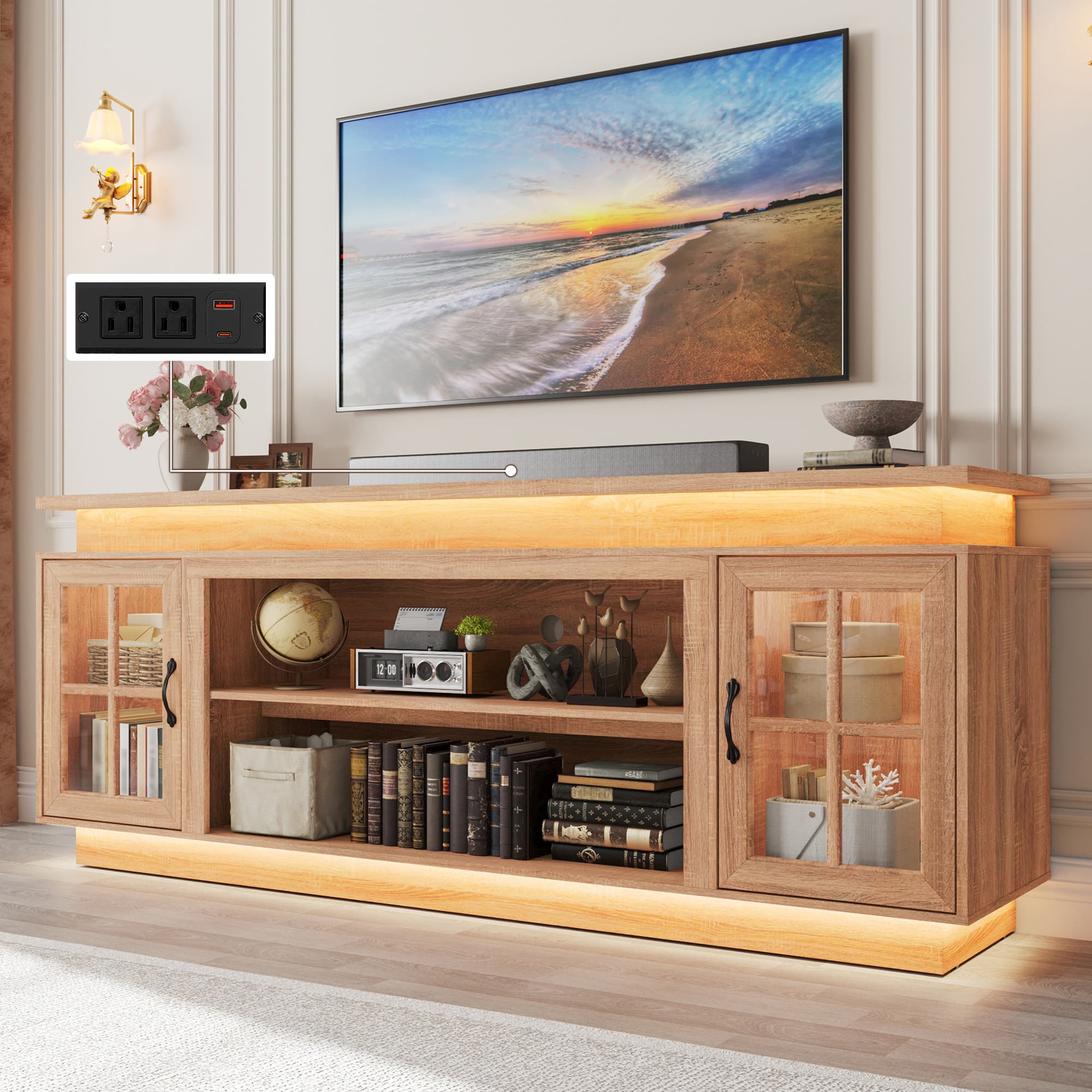 LED TV Stand for up 75"-90" TVs, Modern Entertainment Center with Fireplace Space & Charging Station