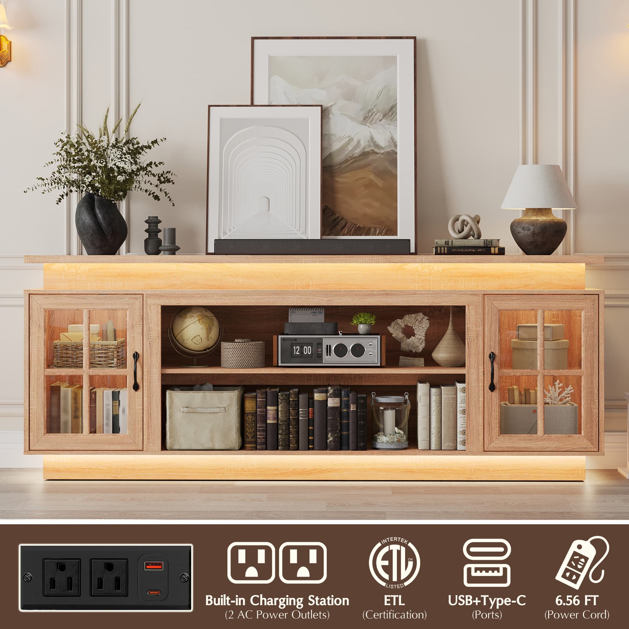 LED TV Stand for up 75"-90" TVs, Modern Entertainment Center with Fireplace Space & Charging Station