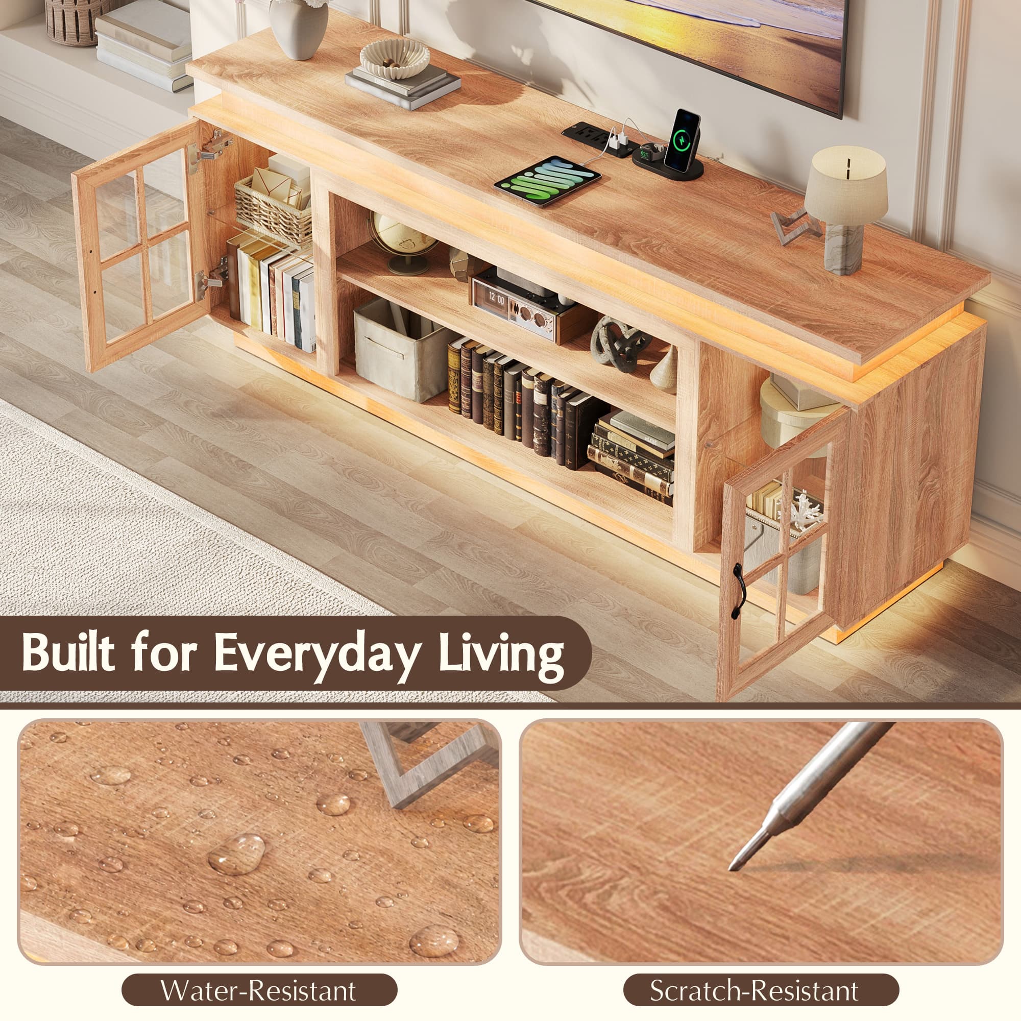 LED TV Stand for up 75"-90" TVs, Modern Entertainment Center with Fireplace Space & Charging Station