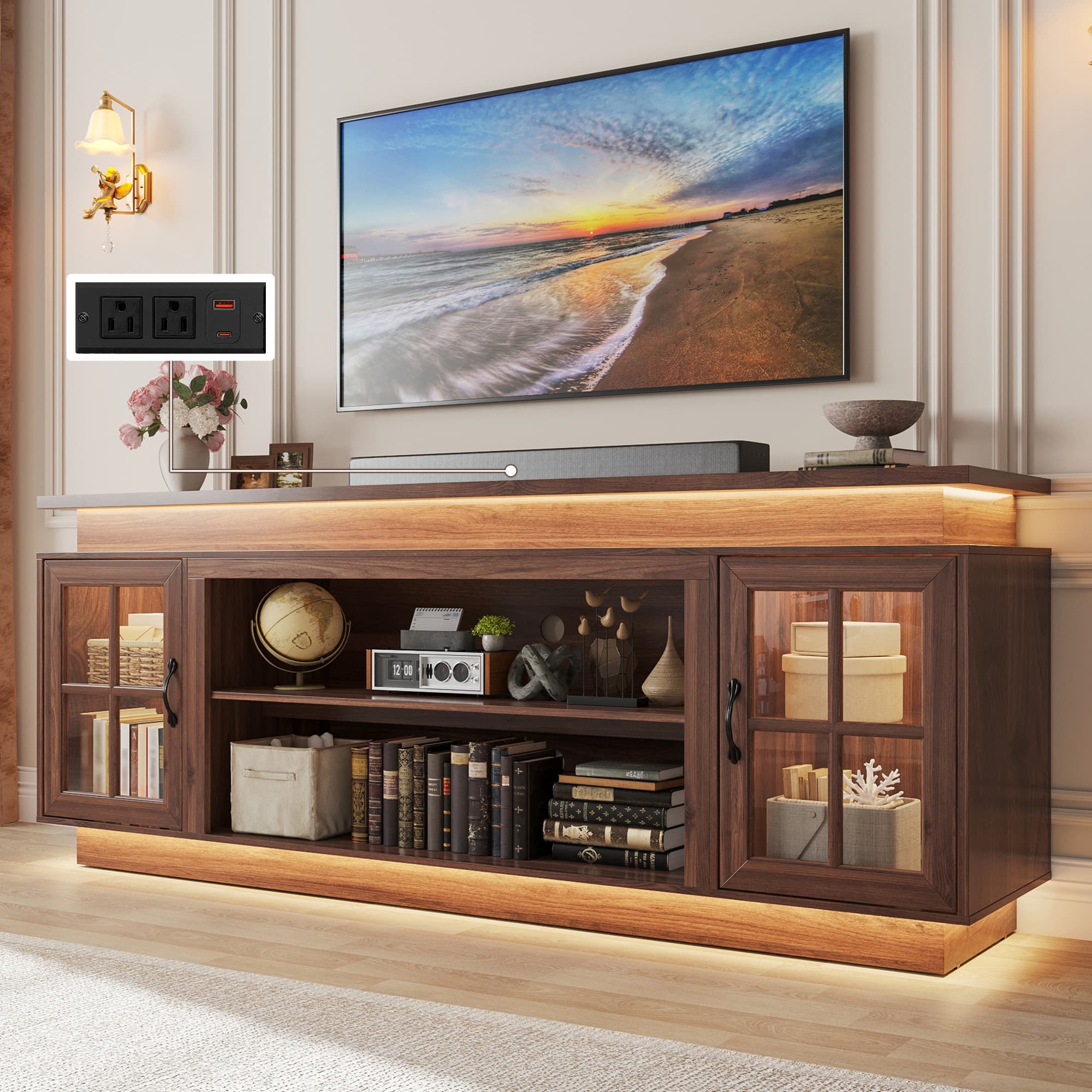 LED TV Stand for up 75"-90" TVs, Modern Entertainment Center with Fireplace Space & Charging Station