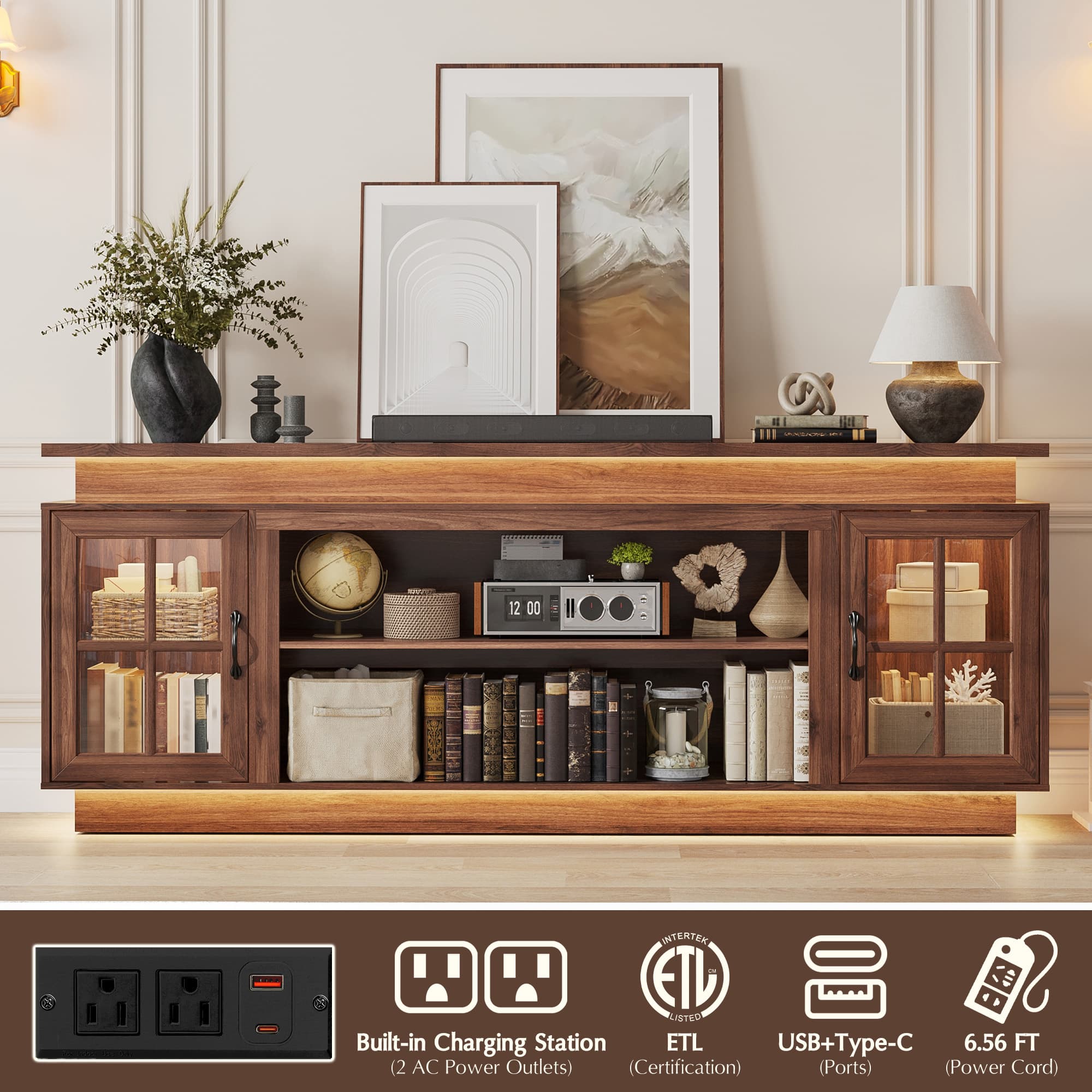 LED TV Stand for up 75"-90" TVs, Modern Entertainment Center with Fireplace Space & Charging Station