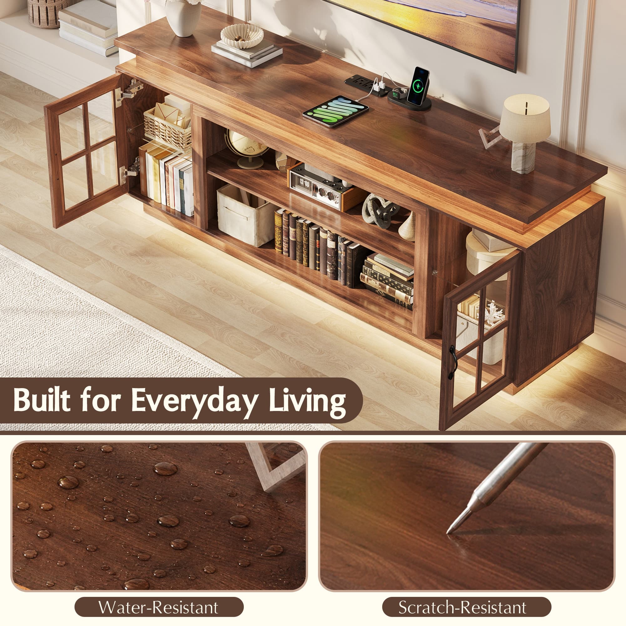 LED TV Stand for up 75"-90" TVs, Modern Entertainment Center with Fireplace Space & Charging Station