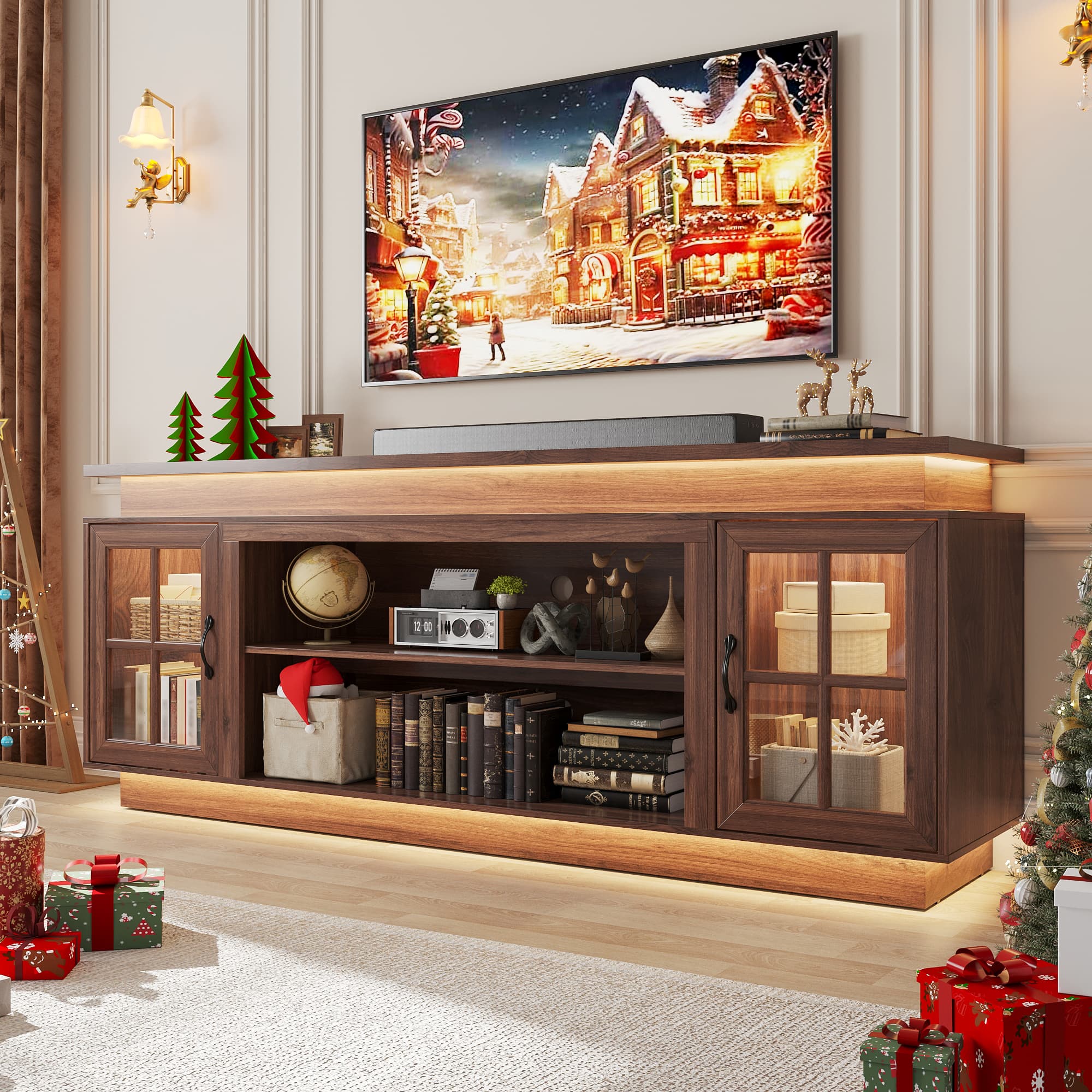LED TV Stand for up 75"-90" TVs, Modern Entertainment Center with Fireplace Space & Charging Station