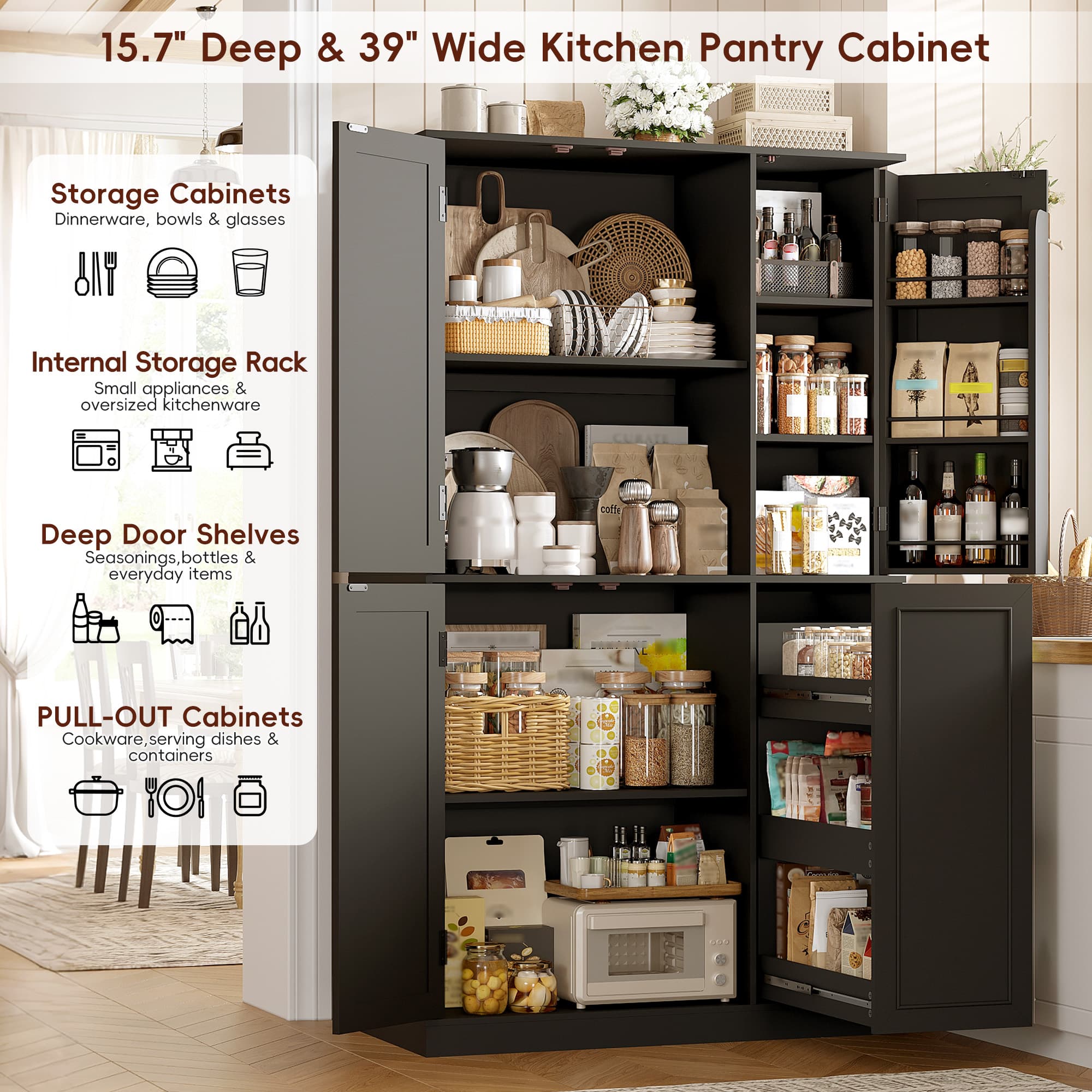Blotout Kitchen Pantry Cabinet with Pull-Out Shelves & 3-Tier Door Shelves
