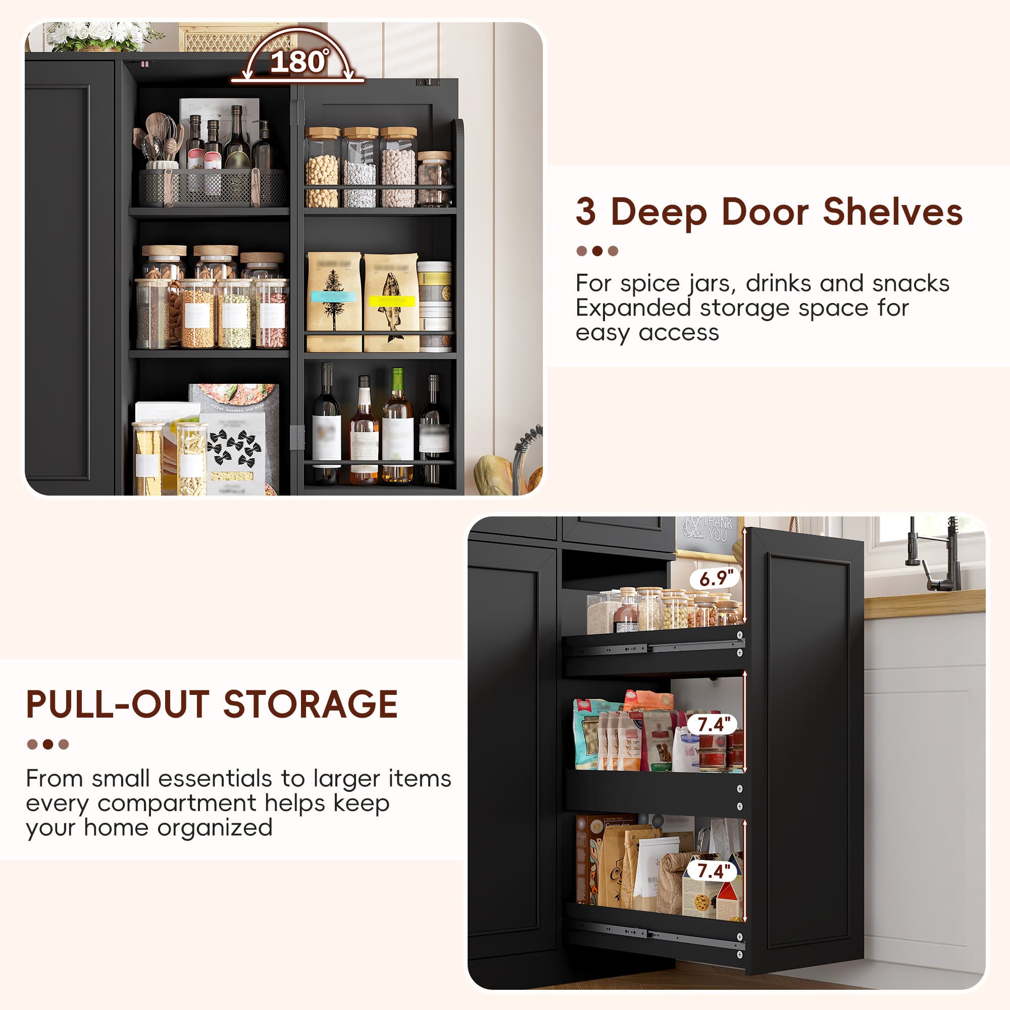 Blotout Kitchen Pantry Cabinet with Pull-Out Shelves & 3-Tier Door Shelves