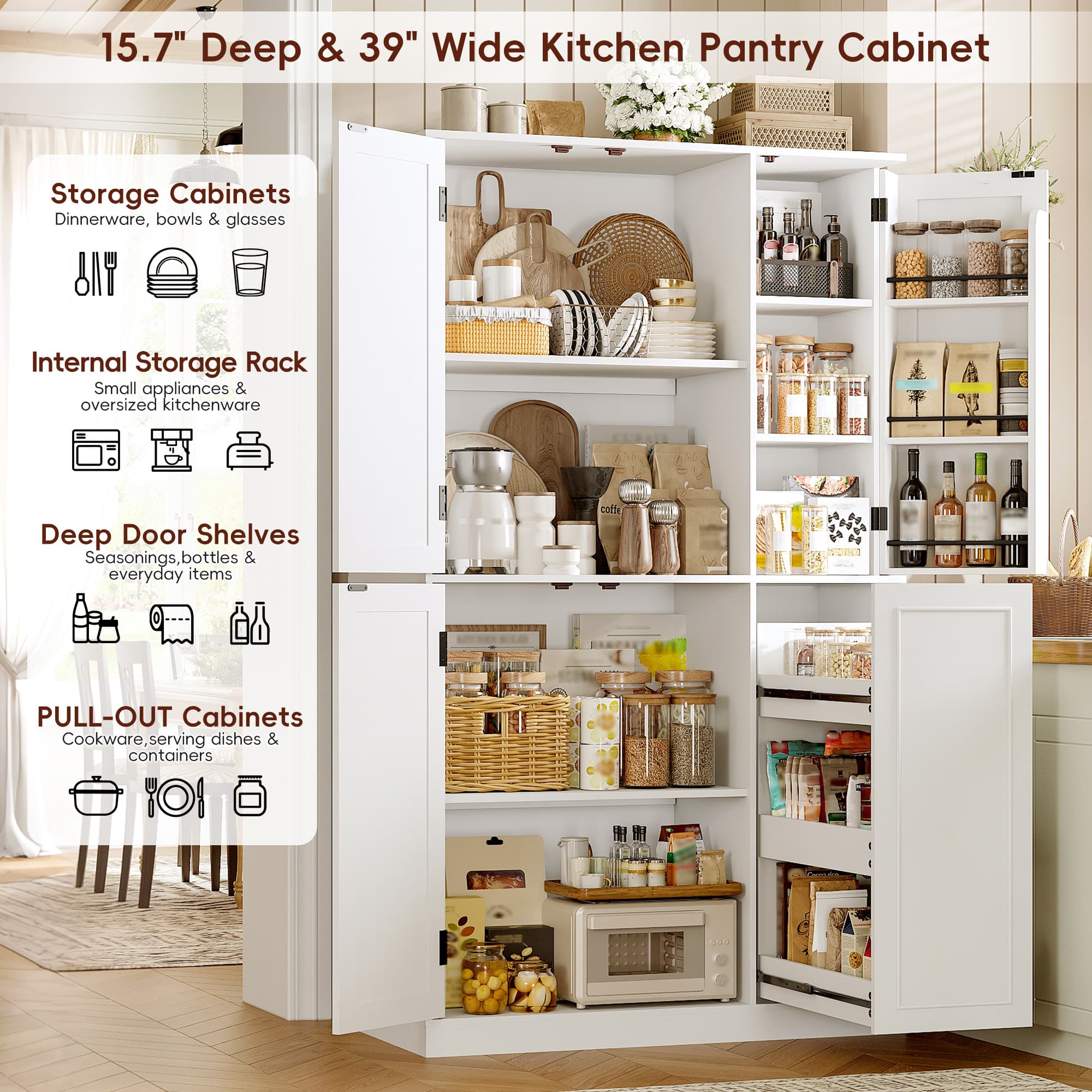 Blotout Kitchen Pantry Cabinet with Pull-Out Shelves & 3-Tier Door Shelves